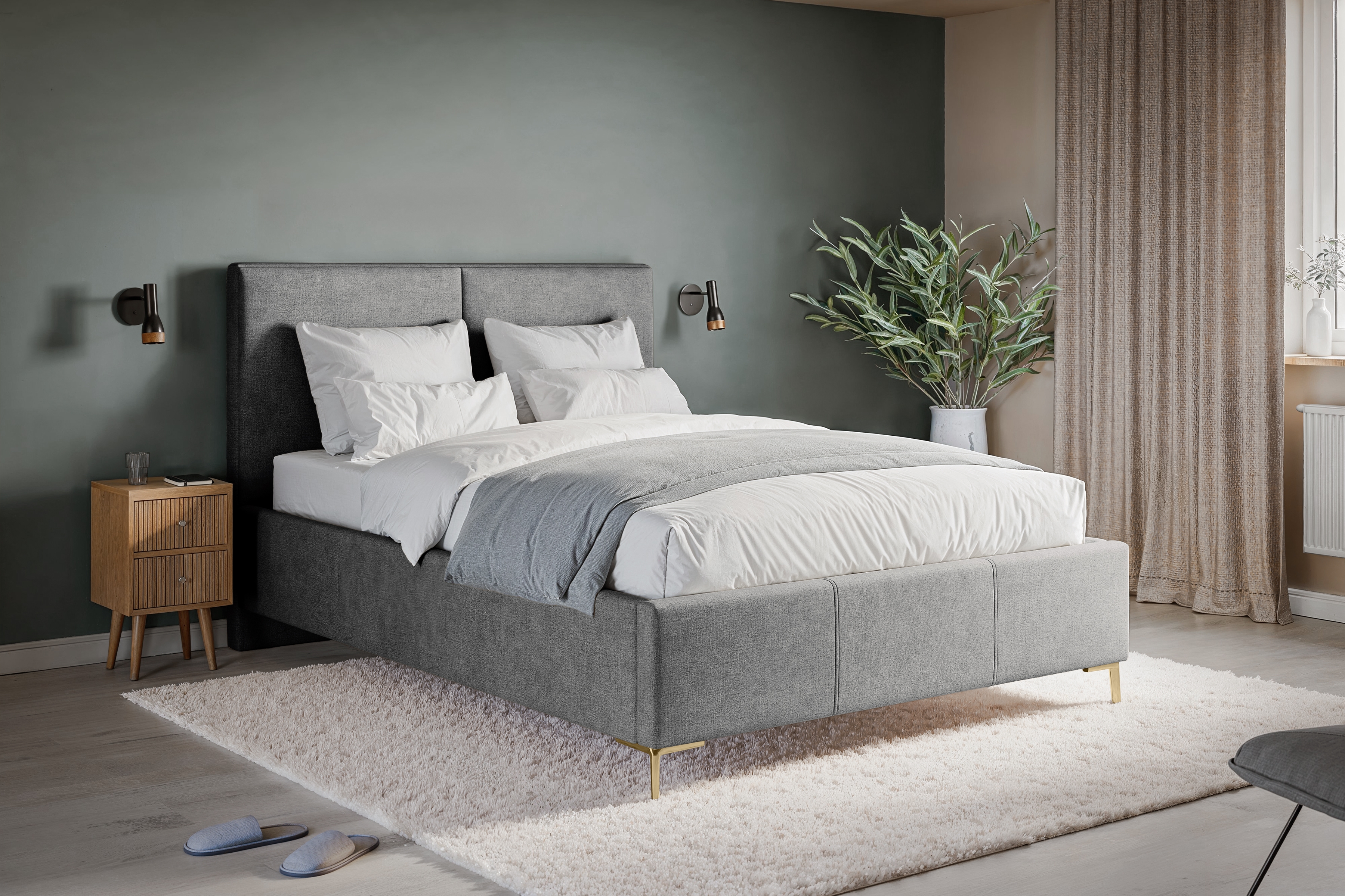 Čalúnená posteľ Lektis 140x200 - sivá látka Maya 18 / zlaté kovové nožičky Posteľ čalouněné Lektis 140x200 - šedá látka ľahkočistiaca Maya 18 / nožičky kovové zlote 
