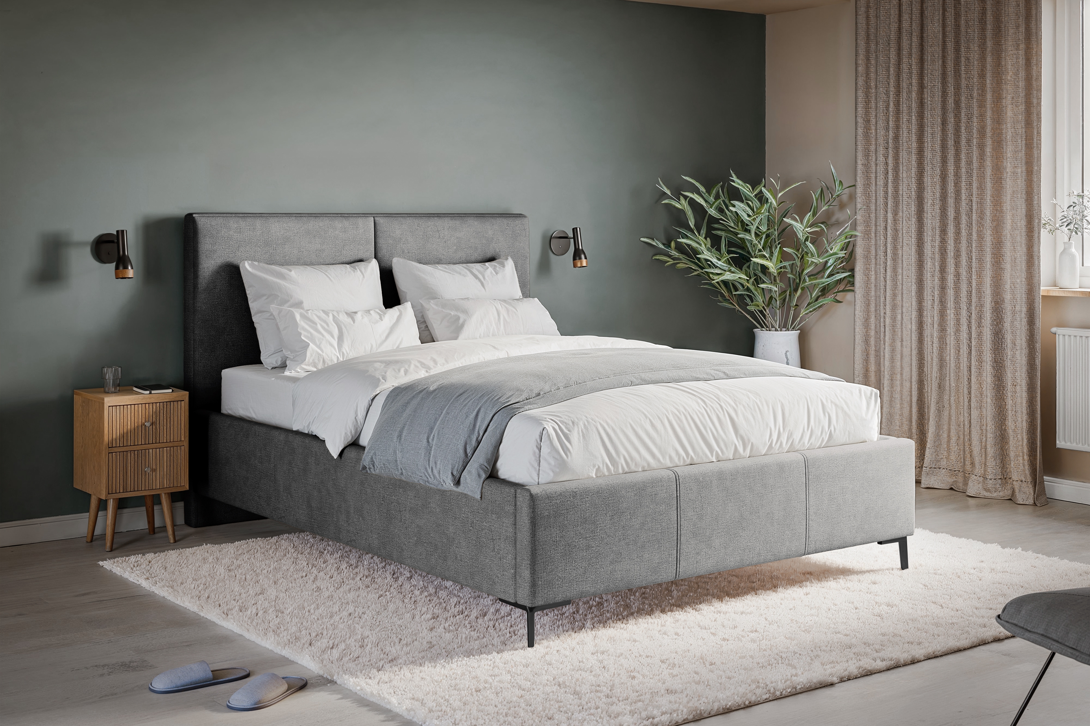 Čalouněná postel Lektis 140x200 s roštem a úložným prostorem - šedá látka Maya 18 / černé kovové nohy Postel čalouněné Lektis 140x200 ze stelazem a úložným prostorem - šedá potahová látka snadno čistitelný Maya 18 / Nohy kovové černá 