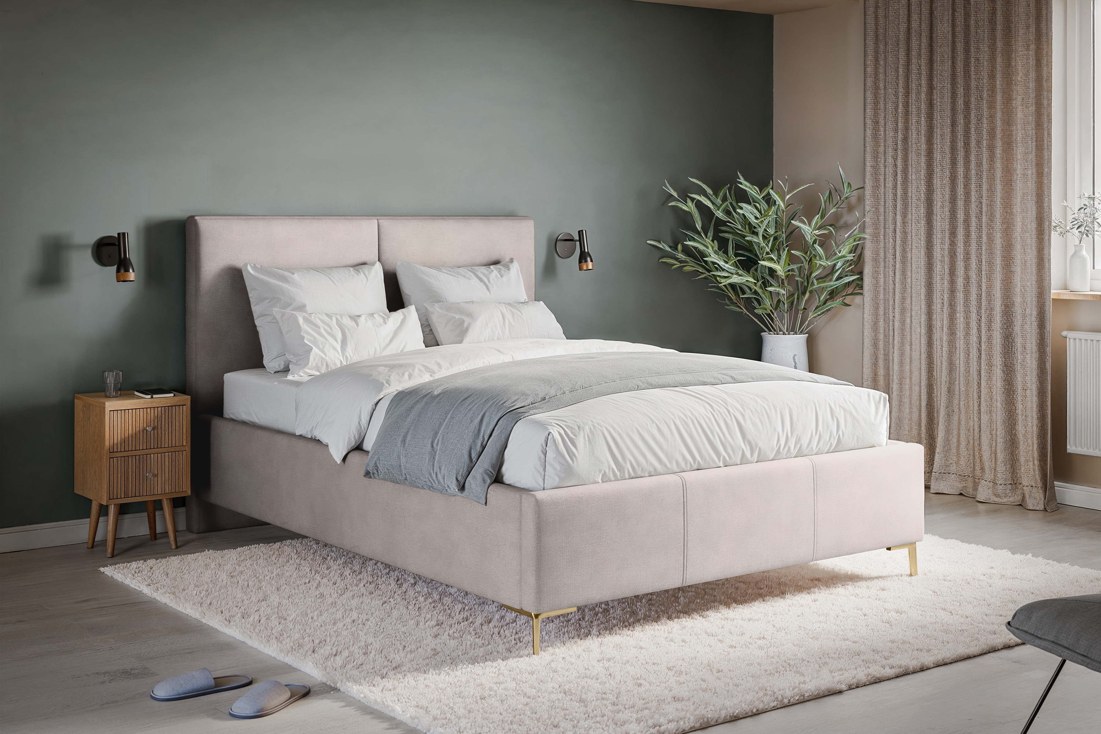 Čalúnená posteľ Lektis 160x200 - béžový zamat Napoli 25 / zlaté nohy Posteľ čalúnená Lektis 160x200 - béžový zamat Napoli 25 / nožičky zlote 