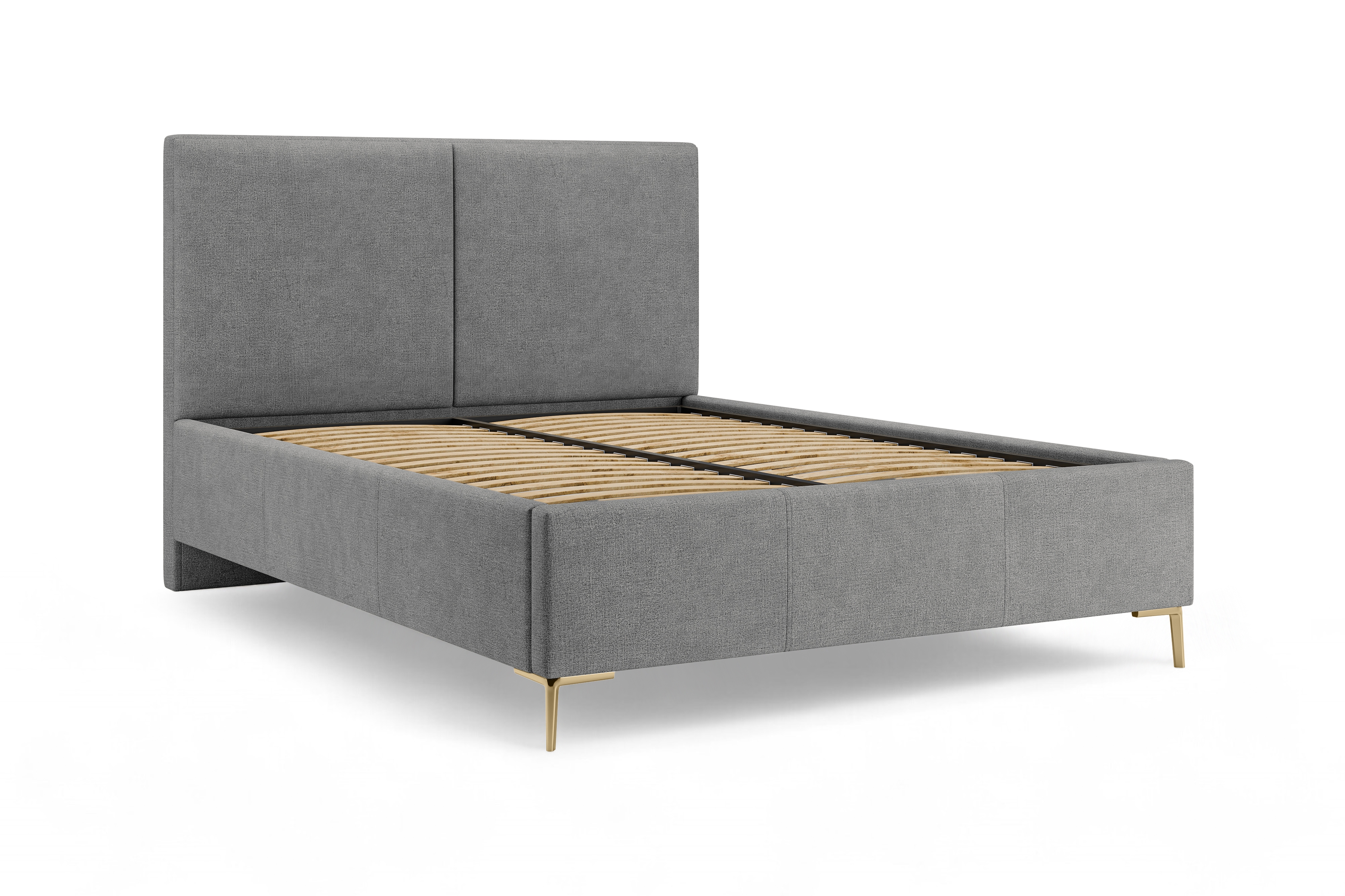 Čalúnená posteľ Lektis 180x200 - sivá látka Maya 18 / zlaté kovové nožičky Posteľ čalouněné Lektis 180x200 - šedá látka ľahkočistiaca Maya 18 / nožičky kovové zlote