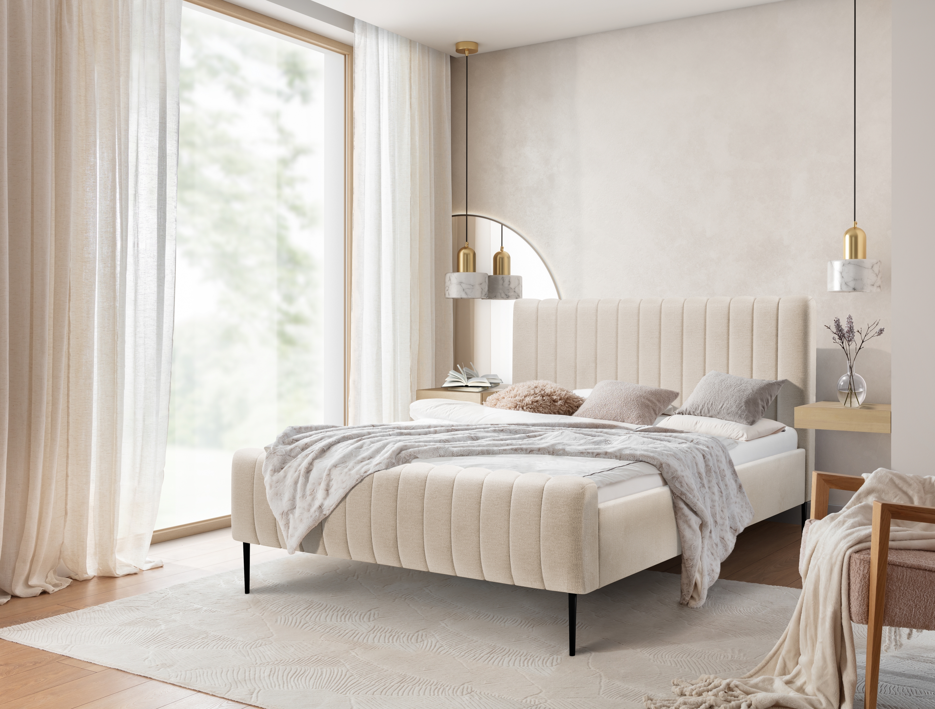 Čalouněná postel Nicole 160x200 - béžový šenil Perfect harmony 07, černé nohy Postel čalouněné Nicole 160x200 - béžová šenil Perfect harmony 07 / Nohy černá