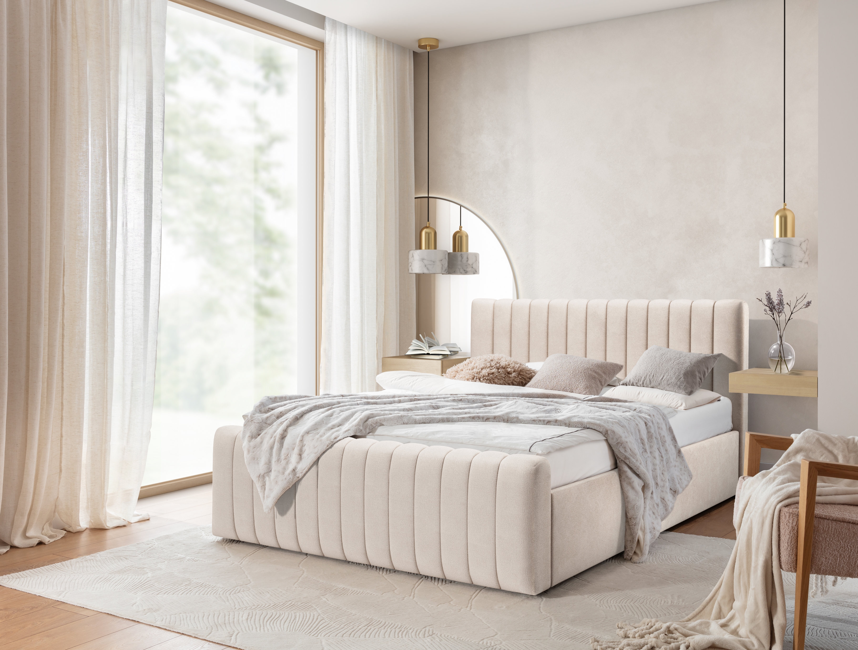 Čalúnená posteľ Nicole 180x200 s úložným priestorom - béžový hydrofóbny zamat Salvador 1 Posteľ čalúnená Nicole 180x200 S vnútorným úložným priestorom- béžový zamat hydrofobowy Salvador 1 