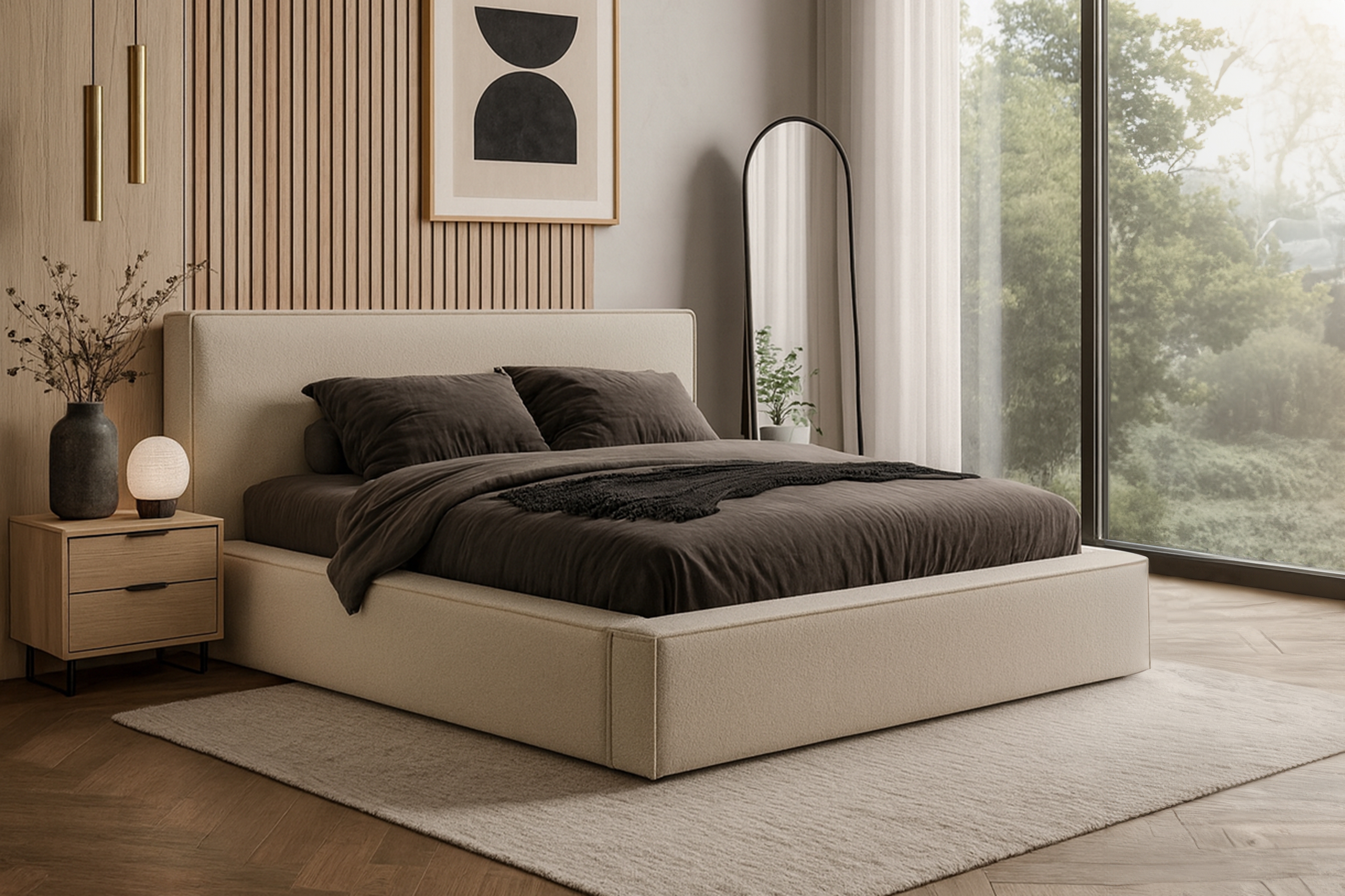 Čalúnená posteľ Nirello 160x200 s úložným priestorom - béžová buklé Quelle 05 Posteľ čalúnená Nirello 160x200 S vnútorným úložným priestorom- Béžová bukla Quelle 05