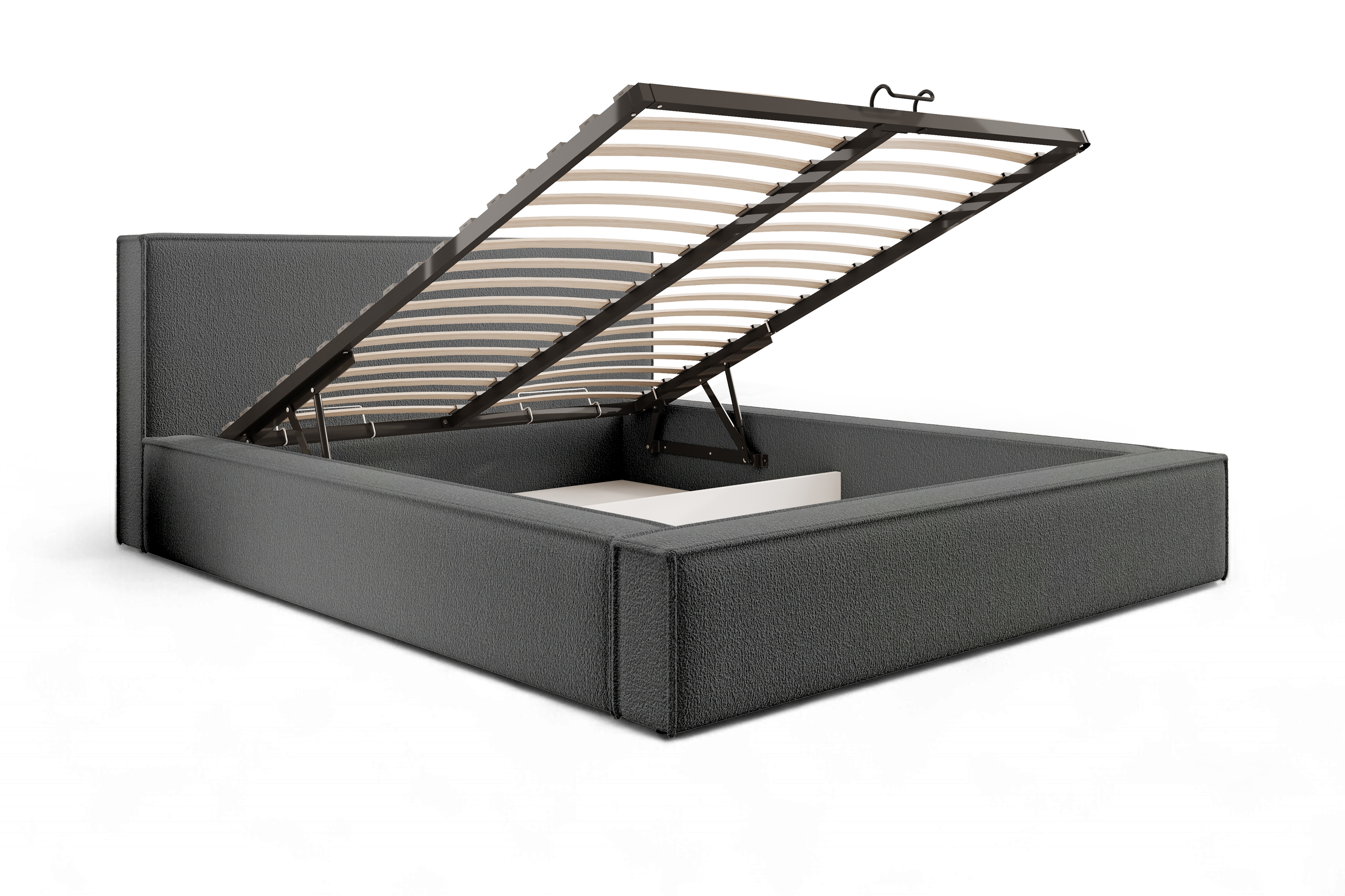 Čalouněná postel Nirello 160x200 s úložným prostorem - tmavě šedá bouclé Quelle 92 Postel čalouněné Nirello 160x200 s úložným prostorem- tmavě šedá bukla Quelle 92