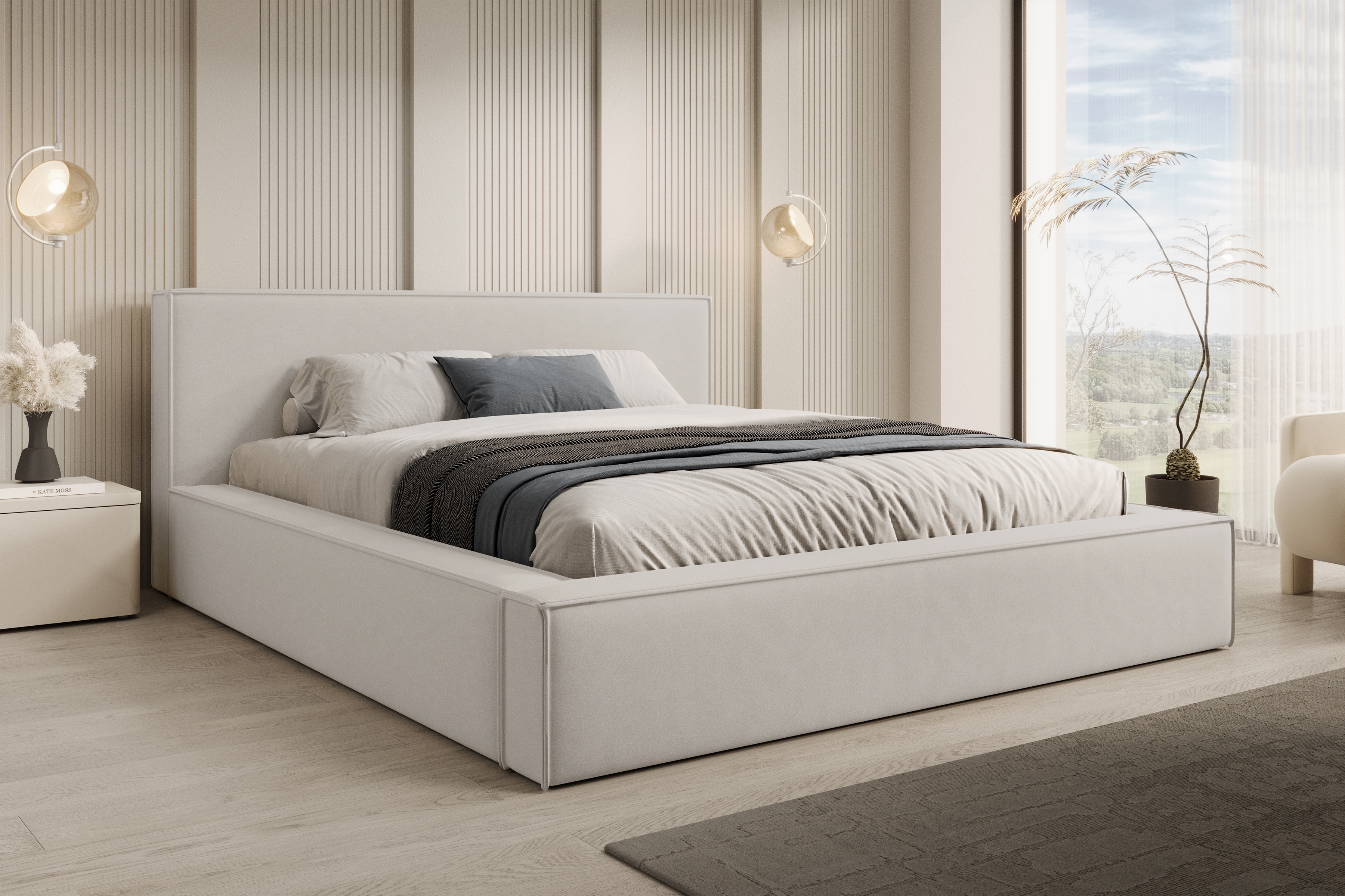 Čalúnená posteľ Nirello 160x200 s úložným priestorom - svetlý béžový zamat Castel 03 Posteľ čalúnená Nirello 160x200 S vnútorným úložným priestorom- svetlý Béžová velúr Castel 03