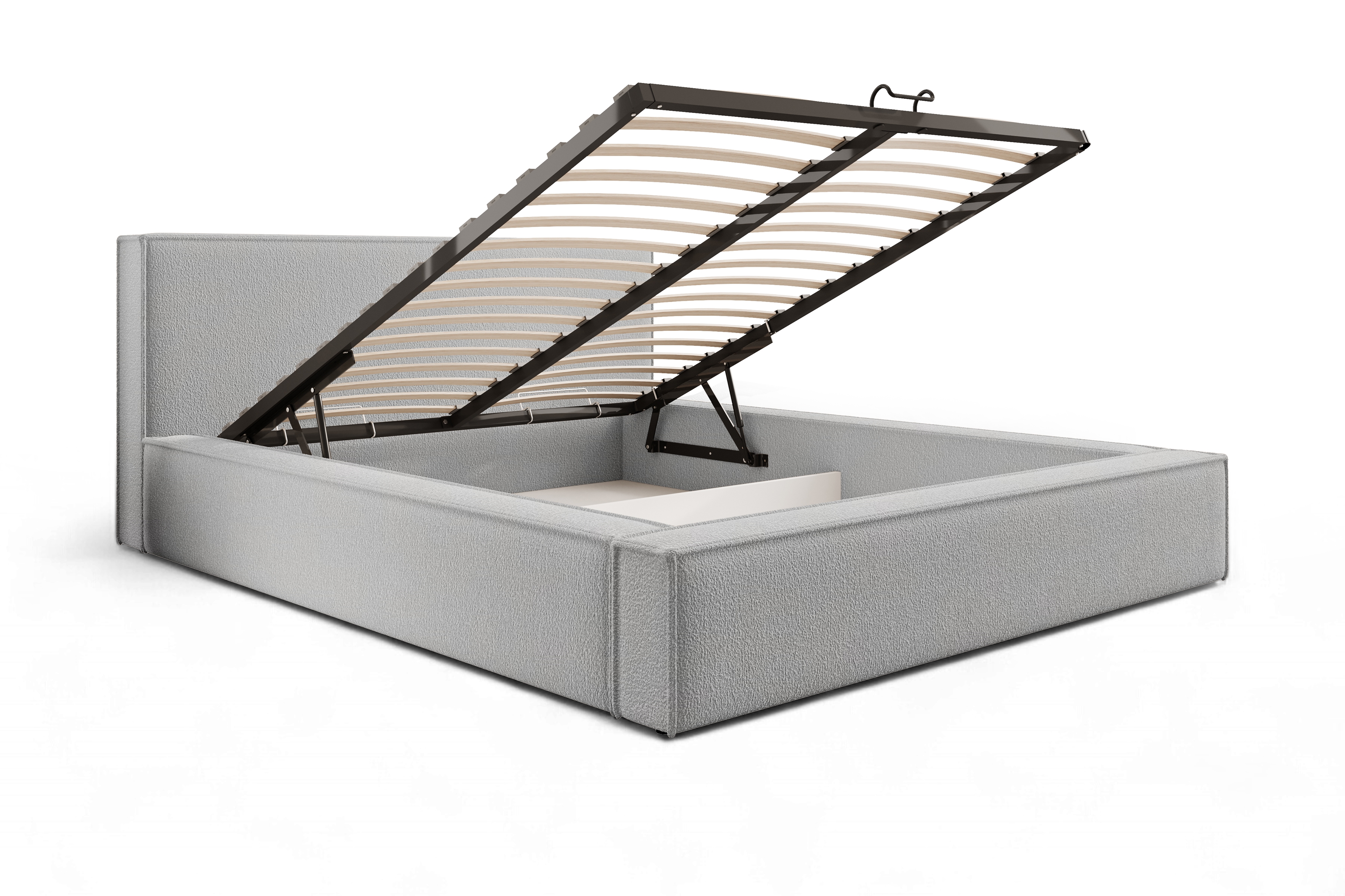 Čalouněná postel Nirello 160x200 s úložným prostorem - šedá bouclé Quelle 83 Postel čalouněné Nirello 160x200 s úložným prostorem- šedá bukla Quelle 83