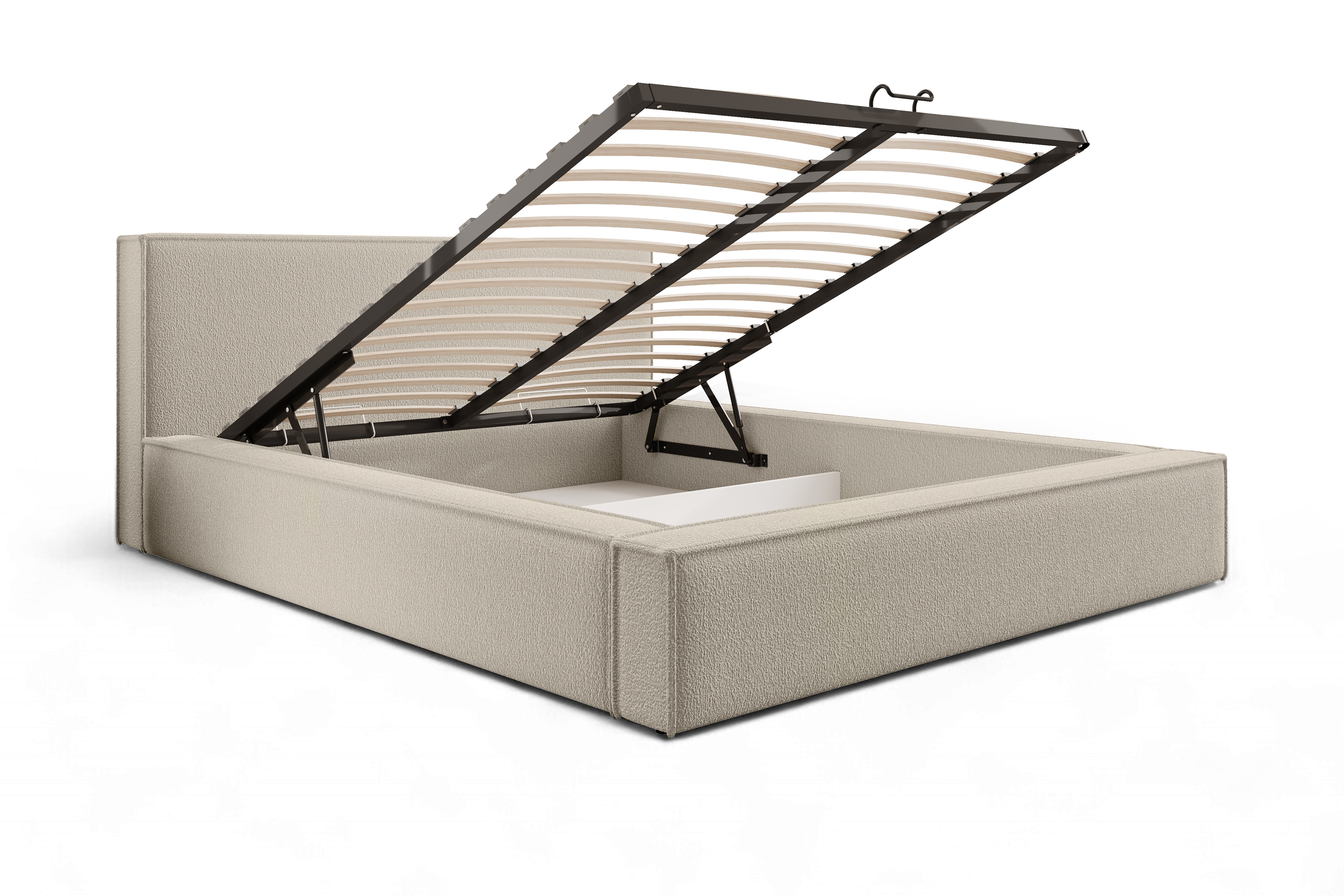 Čalouněná postel Nirello 180x200 s úložným prostorem - béžová bouclé Quelle 05 Postel čalouněné Nirello 180x200 s úložným prostorem- béžová bukla Quelle 05