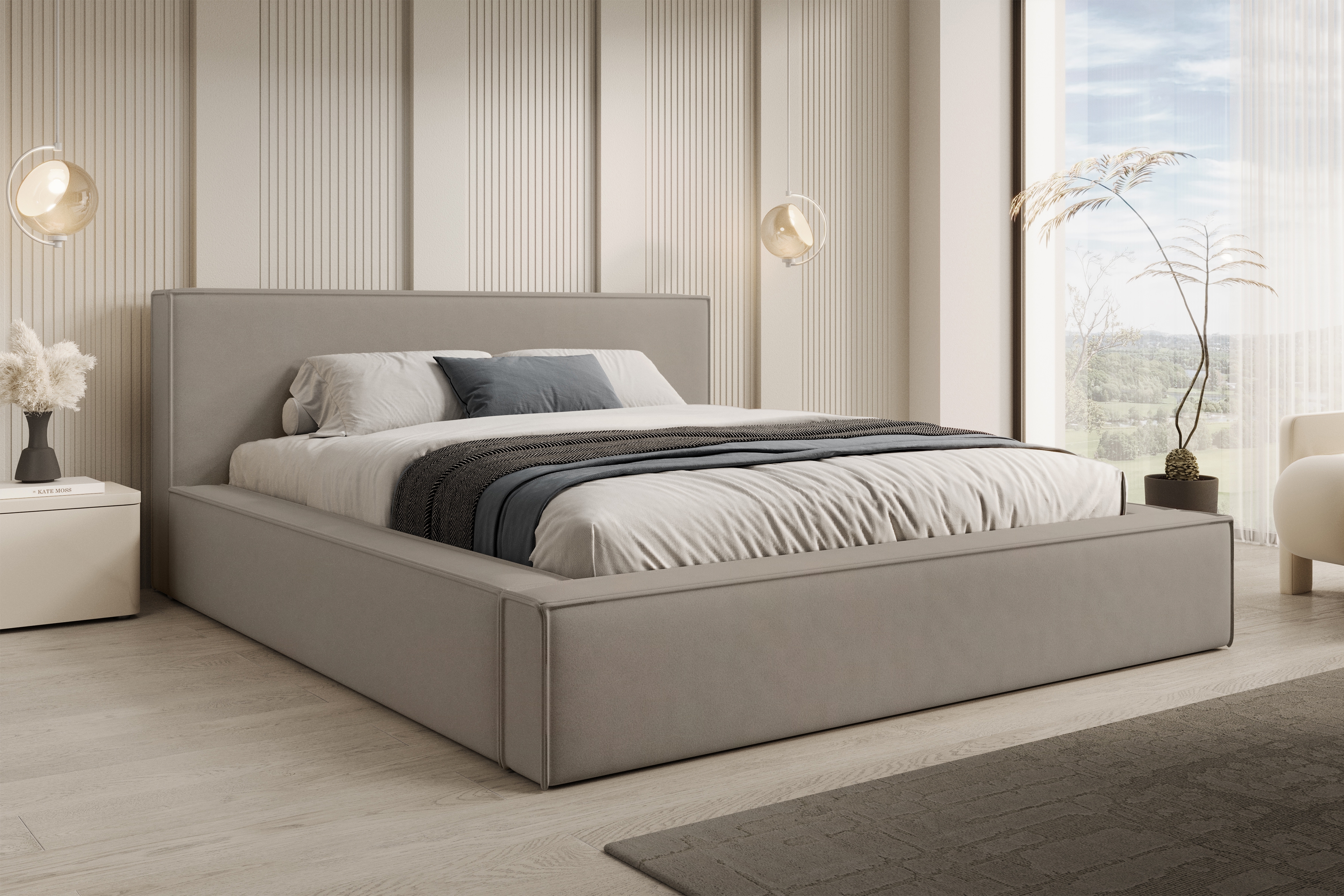 Čalouněná postel Nirello 180x200 s úložným prostorem - béžový samet Castel 15 Postel čalouněné Nirello 180x200 s úložným prostorem- béžová samet Castel 15