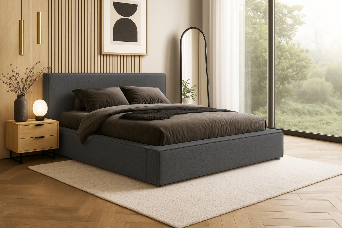 Čalouněná postel Nirello 180x200 s úložným prostorem - tmavě šedá bouclé Quelle 92 Postel čalouněné Nirello 180x200 s úložným prostorem- tmavě šedá bukla Quelle 92