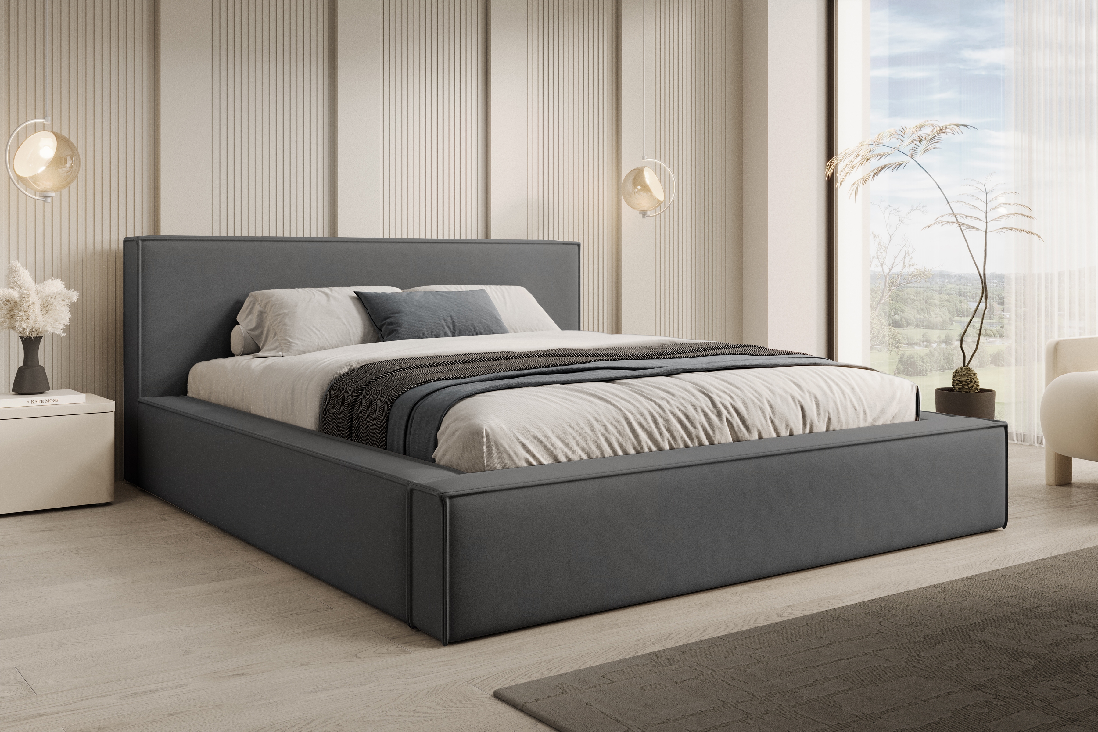 Čalouněná postel Nirello 180x200 s úložným prostorem - tmavě šedý samet Castel 93 Postel čalouněné Nirello 180x200 s úložným prostorem- tmavě šedá samet Castel 93