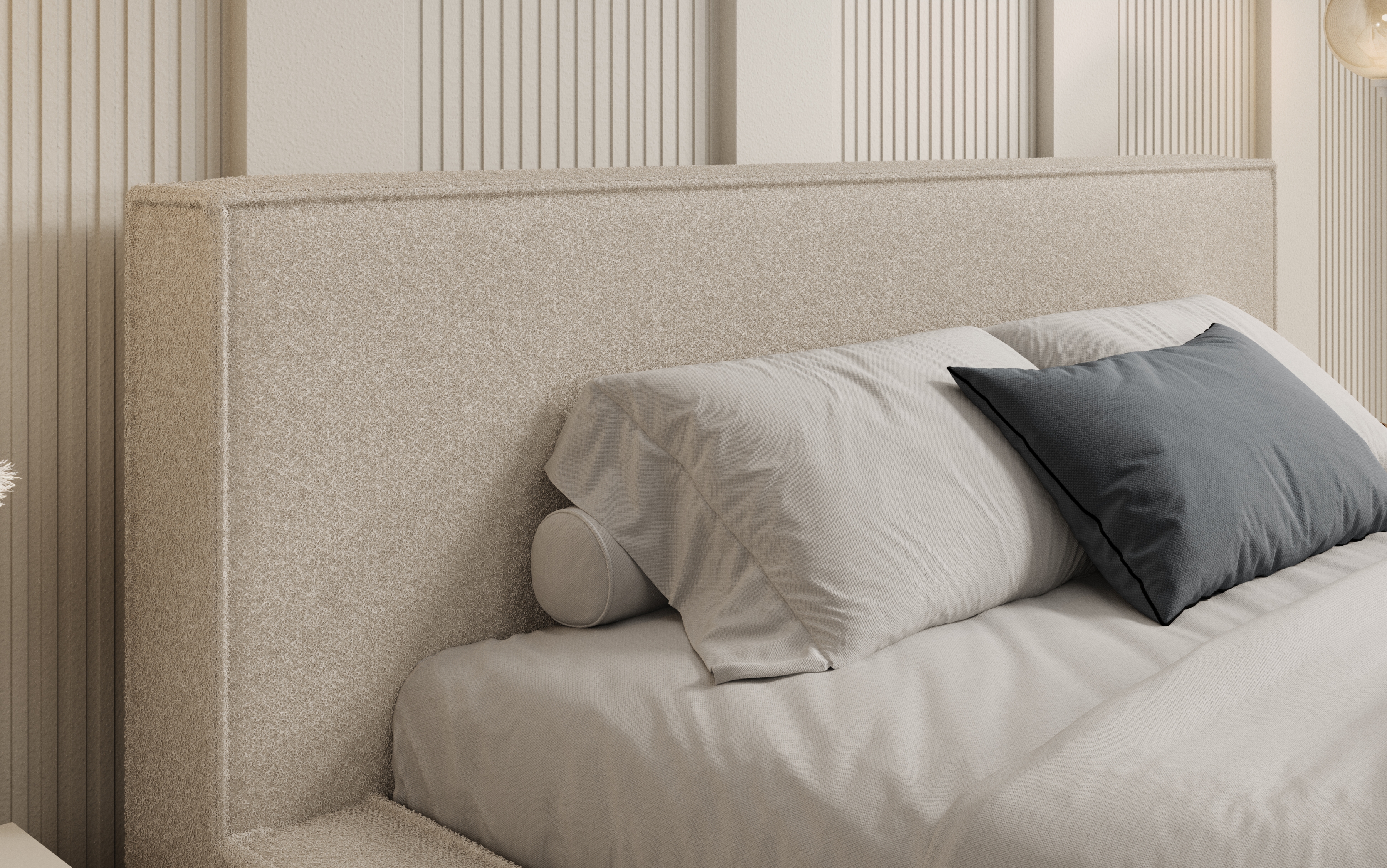 Čalúnená posteľ Nirello 180x200 s úložným priestorom - svetlý béžový buklé Quelle 02 Posteľ čalúnená Nirello 180x200 S vnútorným úložným priestorom- svetlý Béžová bukla Quelle 02 