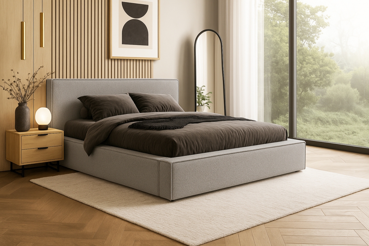 Čalouněná postel Nirello 180x200 s úložným prostorem - šedá bouclé Quelle 83 Postel čalouněné Nirello 180x200 s úložným prostorem- šedá bukla Quelle 83