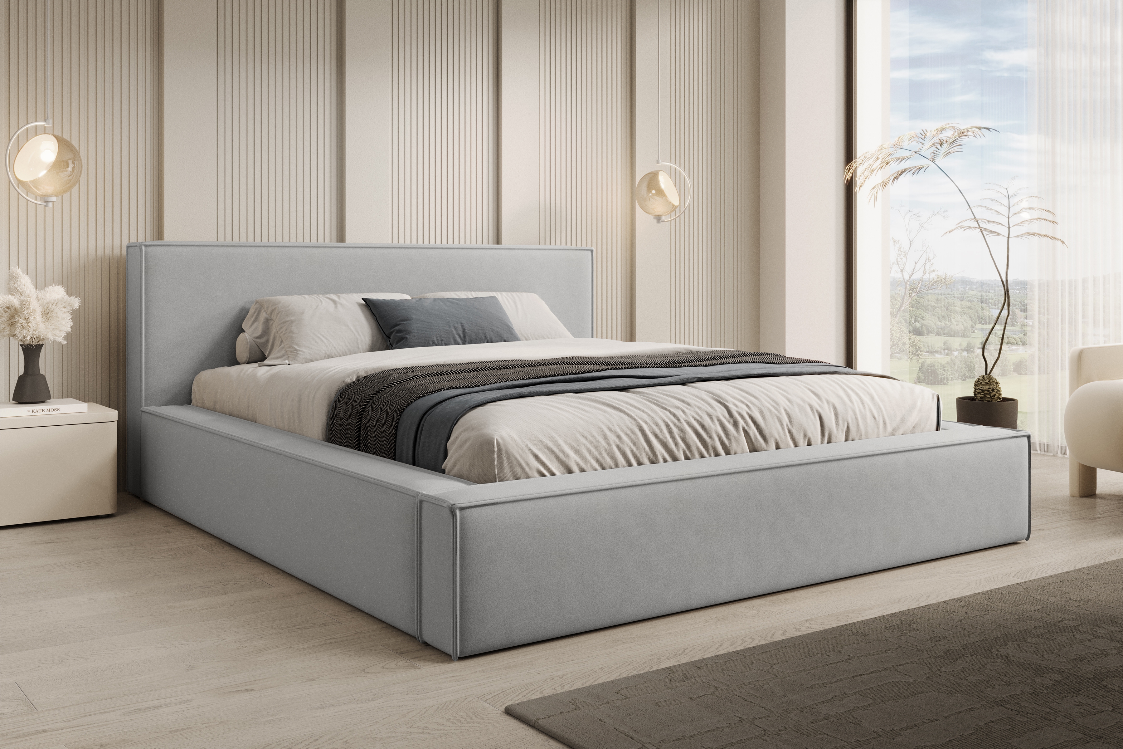 Čalouněná postel Nirello 180x200 s úložným prostorem - šedý samet Castel 80 Postel čalouněné Nirello 180x200 s úložným prostorem- šedá samet Castel 80