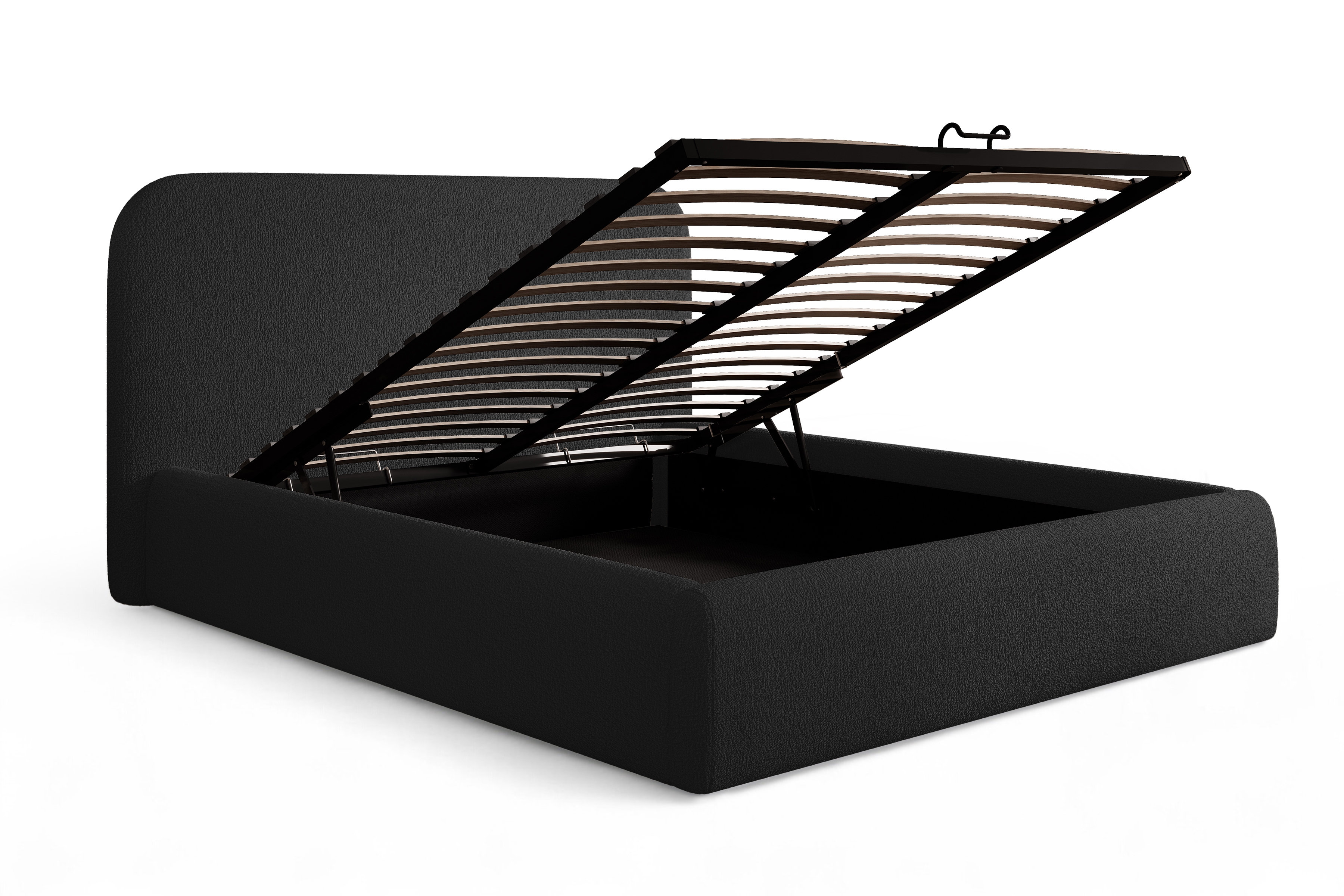 Čalúnená posteľ Rasel 160x200 s úložným priestorom - čierna bouclé Quelle 100 Posteľ čalúnená Rasel 160x200 S vnútorným úložným priestorom- Čierna bukla Quelle 100