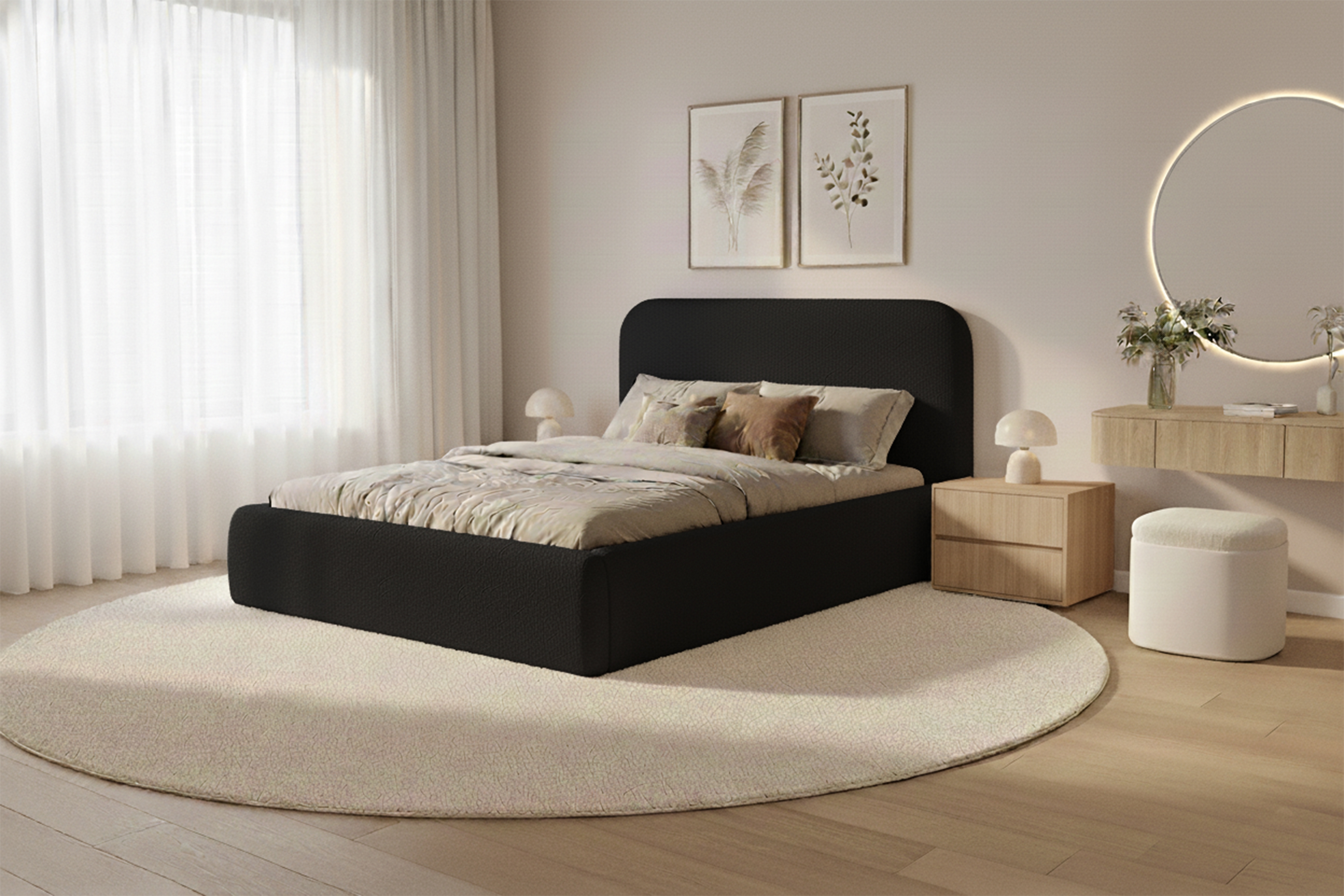 Čalúnená posteľ Rasel 160x200 s úložným priestorom - čierna bouclé Quelle 100 Posteľ čalúnená Rasel 160x200 S vnútorným úložným priestorom- Čierna bukla Quelle 100