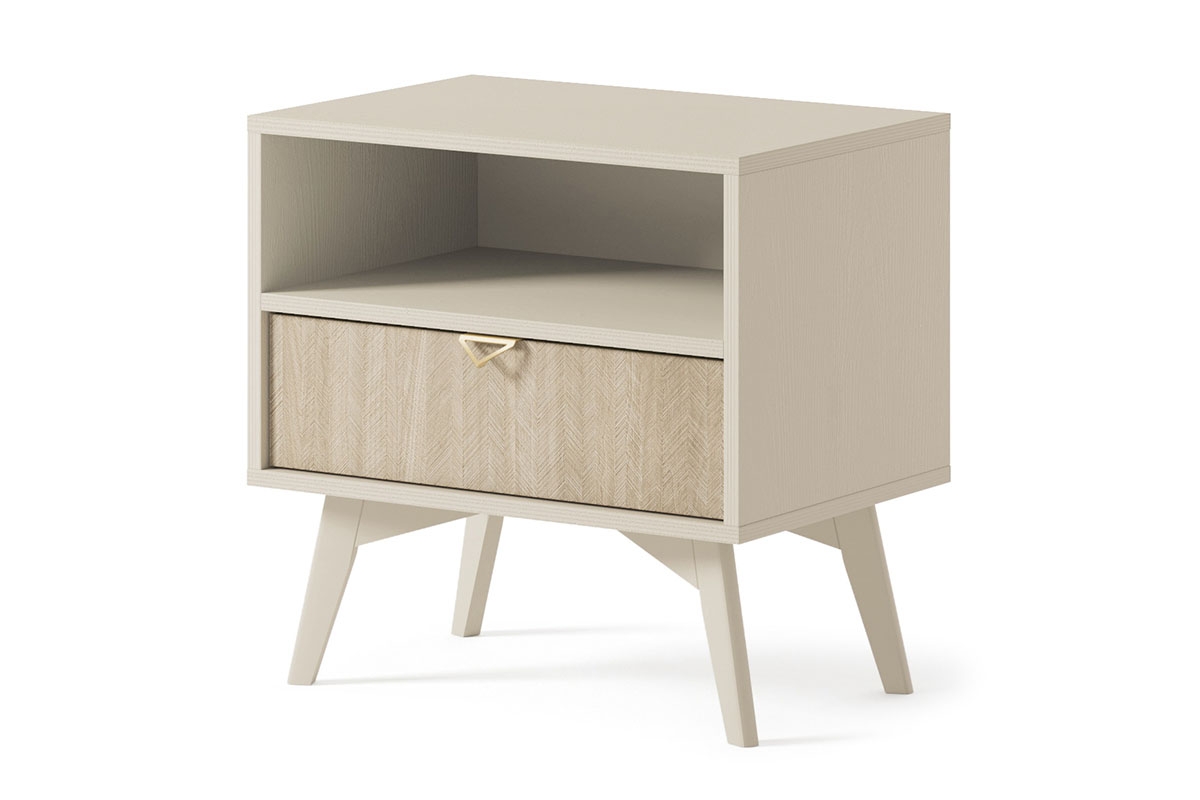 Noční stolek Lumira se zásuvkou a výklenkem - pískový / rybí kost skandi Noční stolek z szuflada i wneka Lumira - Pískový / jodelka skandi