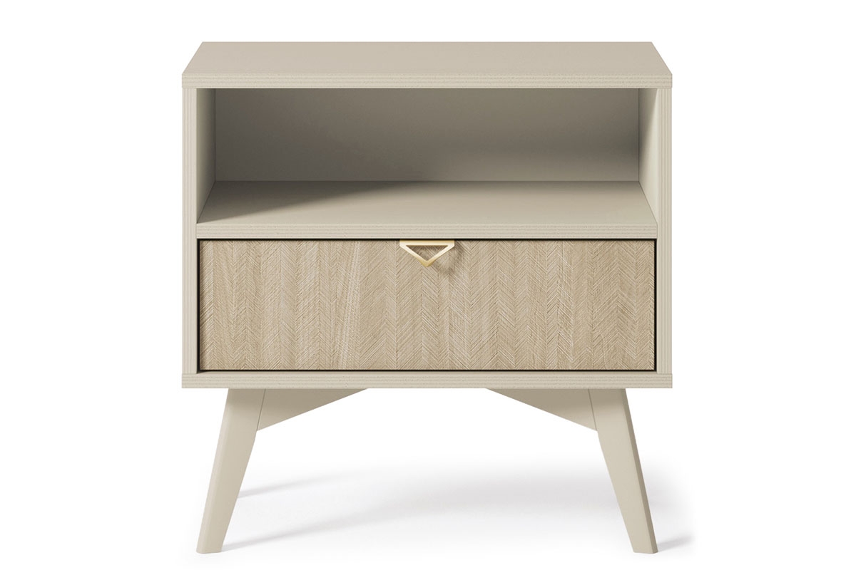 Noční stolek Lumira se zásuvkou a výklenkem - pískový / rybí kost skandi Noční stolek z szuflada i wneka Lumira - Pískový / jodelka skandi - přední část