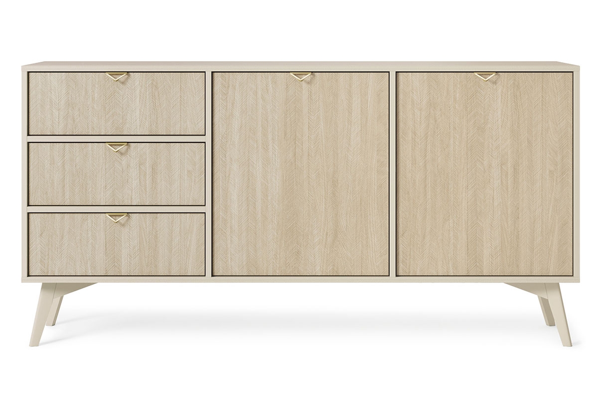 Komoda Lumira 158 cm se třemi zásuvkami - pískový / rybí kost skandi Komoda dvoudveřová se třemi  zásuvkami Lumira 158 cm - Pískový / jodelka skandi - přední část