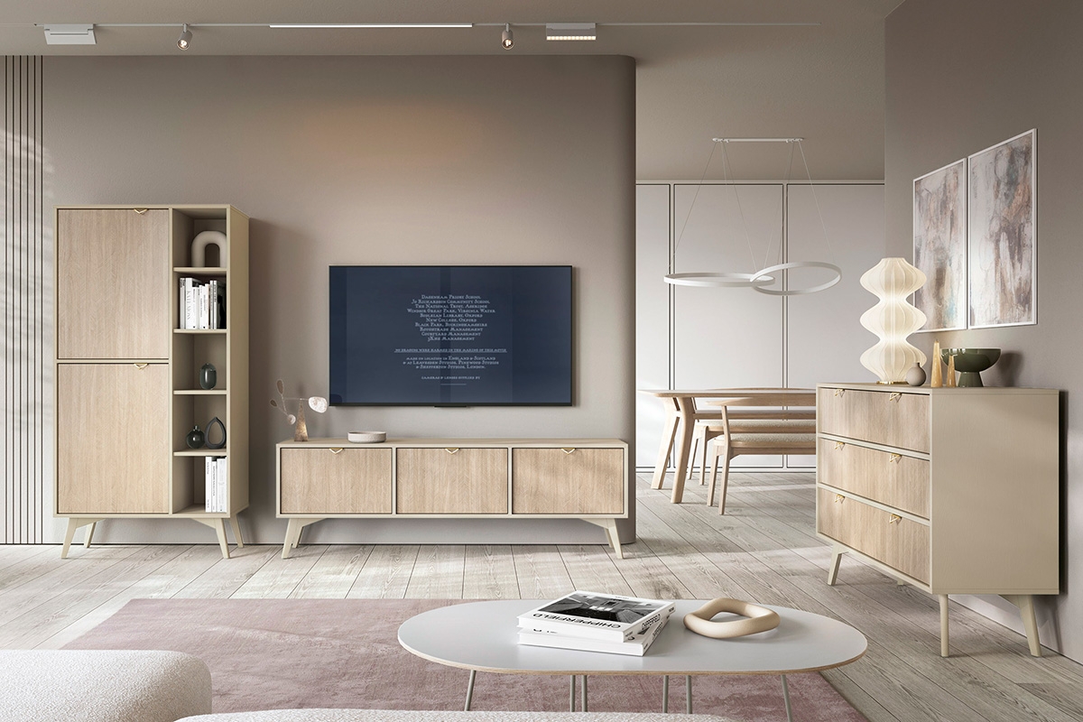 TV stolek Lumira 158 cm - pískový / rybí kost skandi Skříňka RTV Lumira 158 cm - Pískový / jodelka skandi - obývací pokoj Lumira