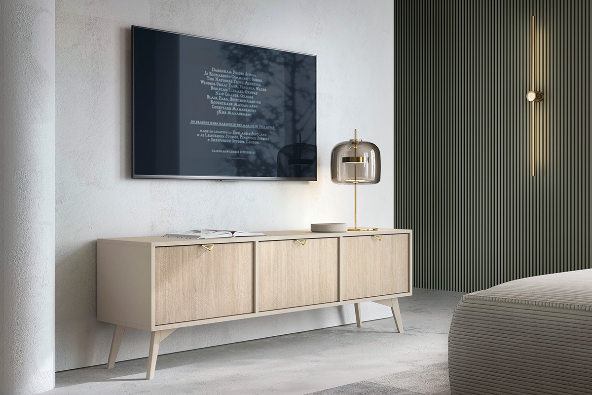 TV stolek Lumira 158 cm - pískový / rybí kost skandi Skříňka RTV Lumira 158 cm - Pískový / jodelka skandi - aranzacja