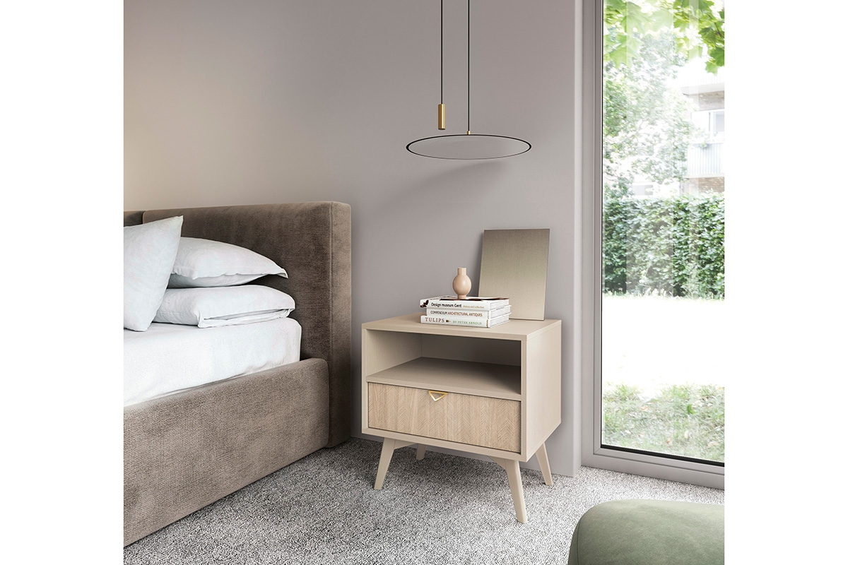 Noční stolek Lumira se zásuvkou a výklenkem - pískový / rybí kost skandi Noční stolek z szuflada i wneka Lumira - Pískový / jodelka skandi - aranzacja