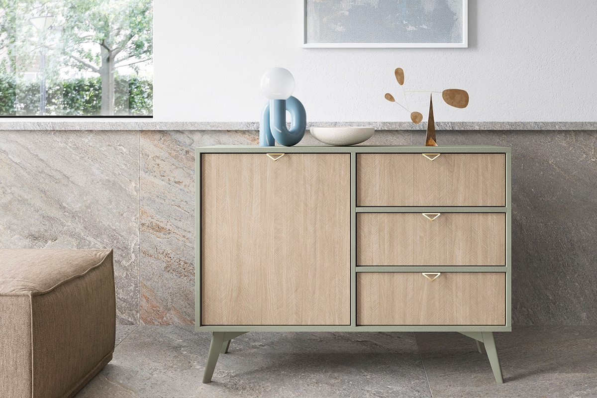 Komoda jednodverová s tromi zásuvkami Lumira 106 cm - eukalyptus / jedľa skandi Komoda jednodverová s tromi zásuvkami Lumira 106 cm - eukaliptus / jodelka skandi - vizualizácia
