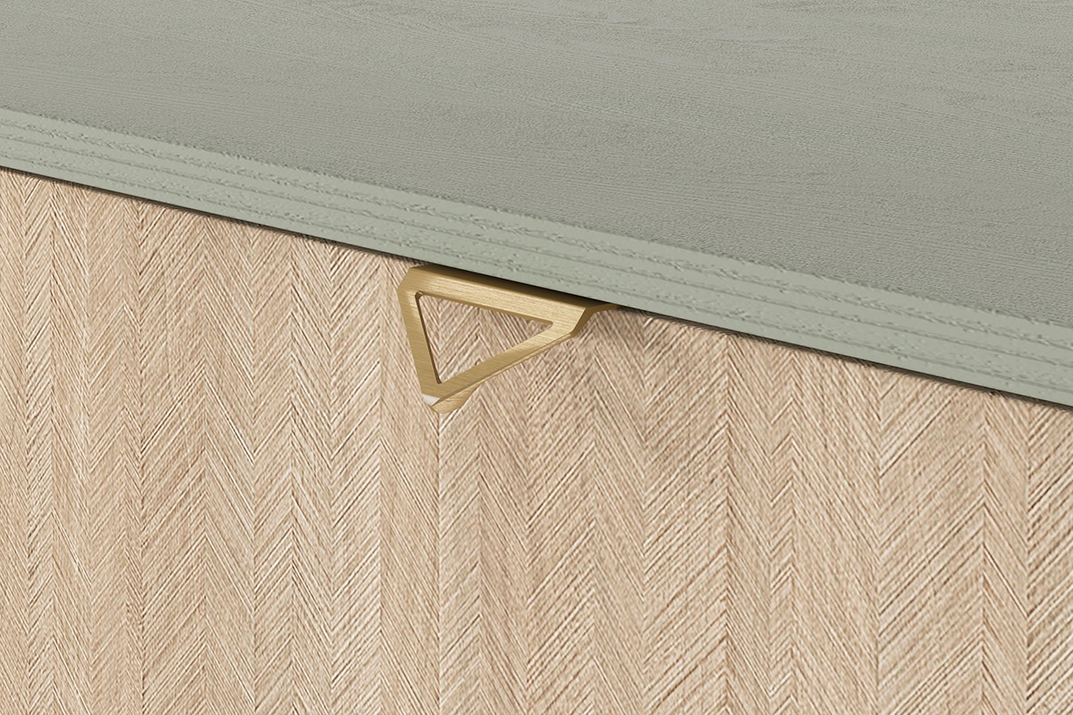 Noční stolek Lumira se zásuvkou a výklenkem - eukalyptus Noční stolek z szuflada i wneka Lumira - eukaliptus / jodelka skandi - ocelové Úchytky