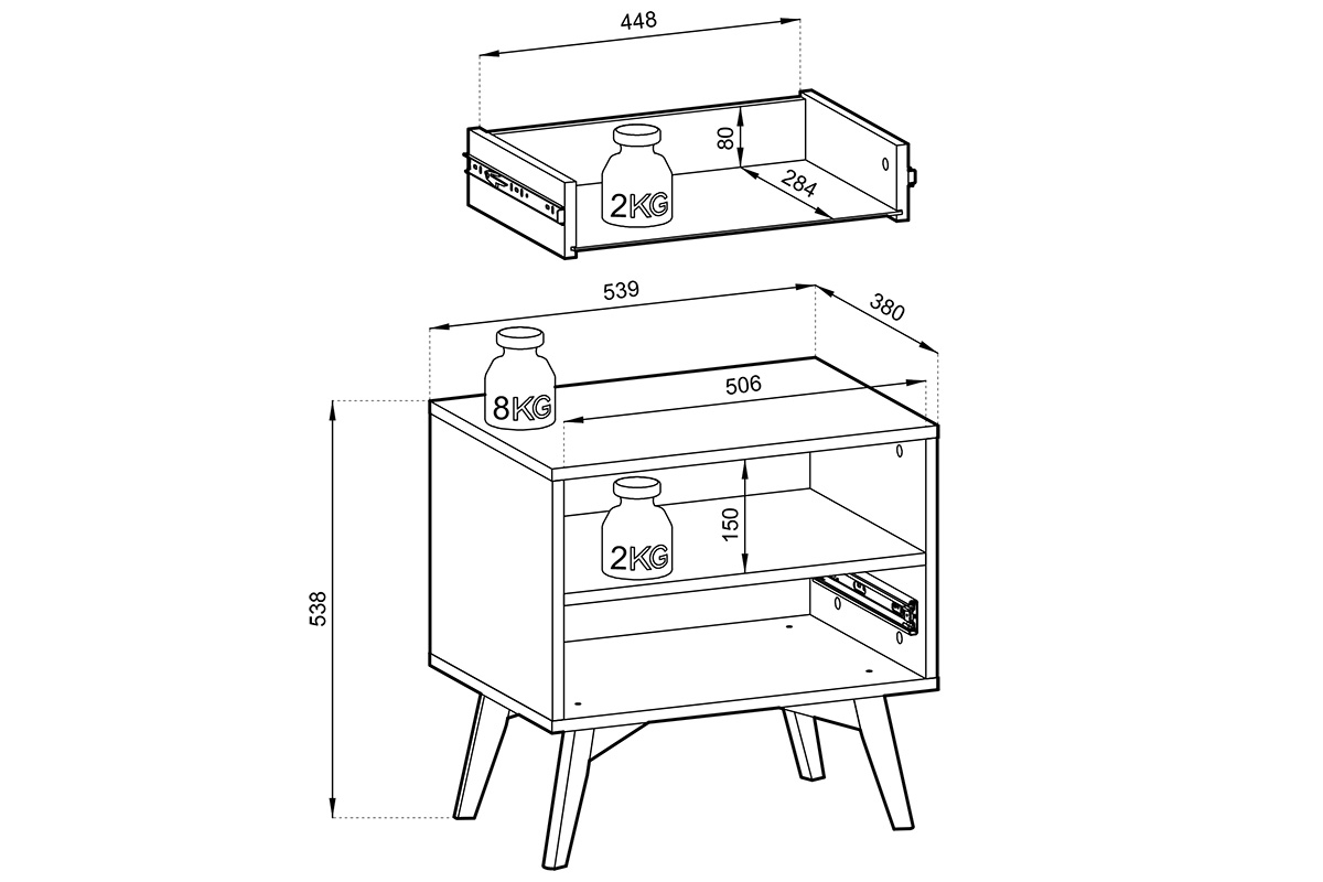 Noční stolek Lumira se zásuvkou a výklenkem - eukalyptus Noční stolek z szuflada i wneka Lumira - eukaliptus / jodelka skandi - Rozměry