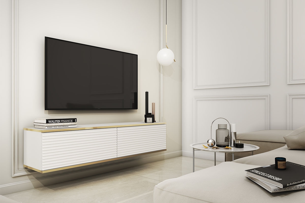 Závěsný TV stolek Lurona 135 cm s drážkováním - bílá závěsná Skříňka RTV Lurona 135 cm s frézovanými frontem MDF - Bílý - aranzacja
