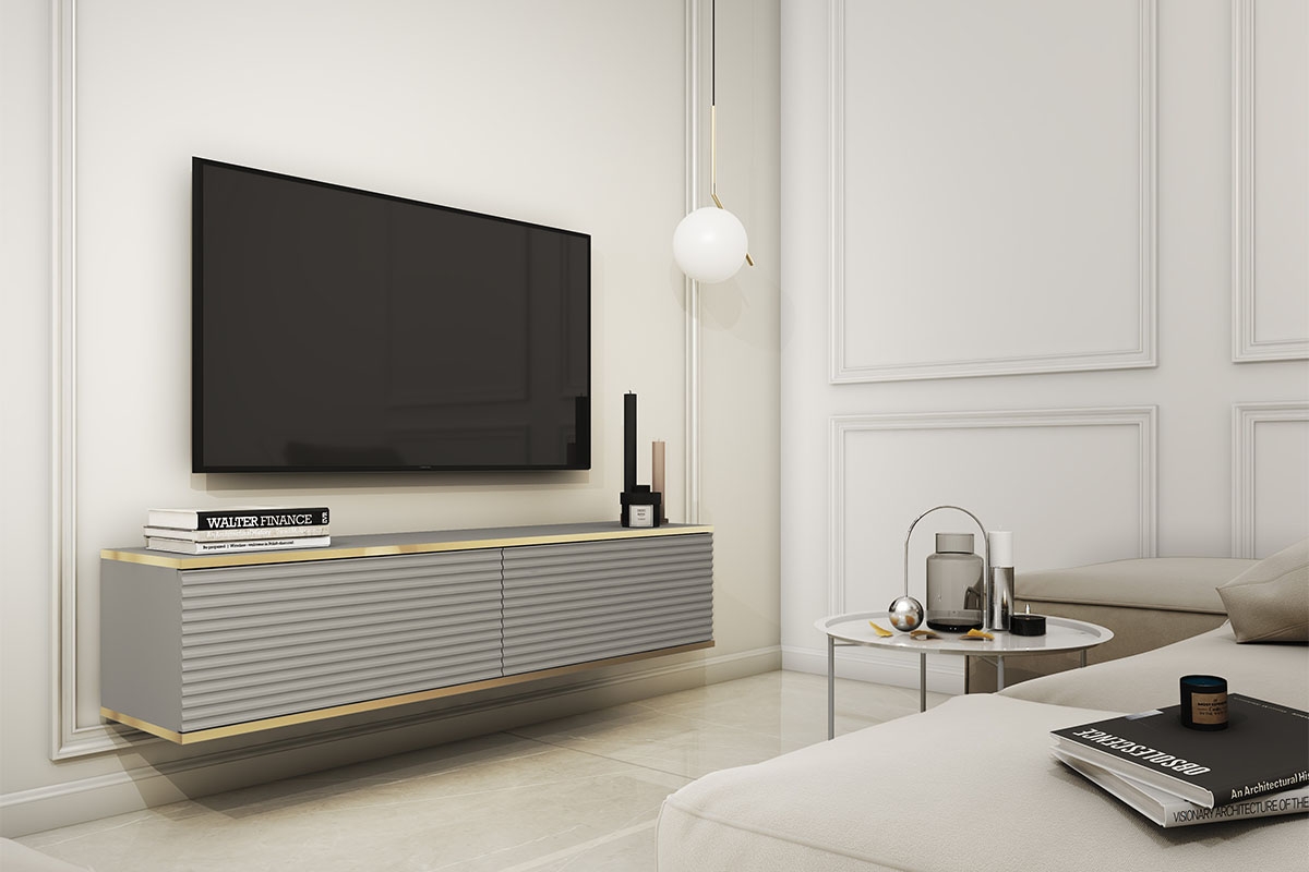 Závěsný TV stolek Lurona 135 cm s drážkováním - šedá závěsná Skříňka RTV Lurona 135 cm s frézovanými frontem MDF - šedý - aranzacja