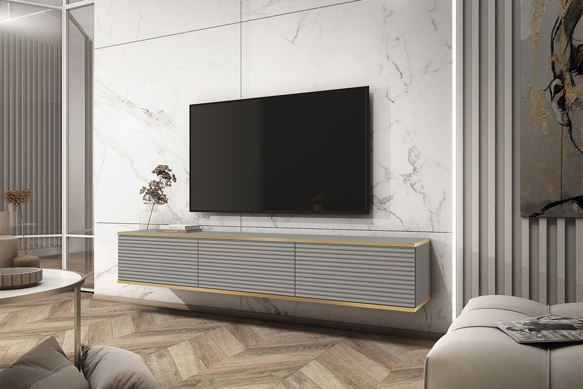 Závěsný TV stolek Lurona 175 cm s drážkováním - šedá závěsná Skříňka RTV Lurona 175 cm s frézovanými frontem MDF - šedý - aranzacja