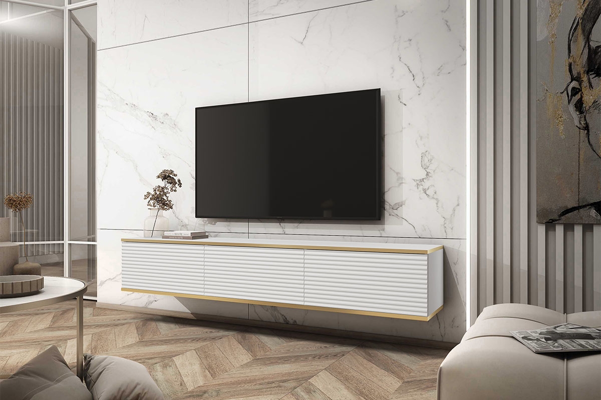 Závěsný TV stolek Lurona 175 cm s drážkováním - bílá závěsná Skříňka RTV Lurona 175 cm s frézovanými frontem MDF - Bílý - aranzacja