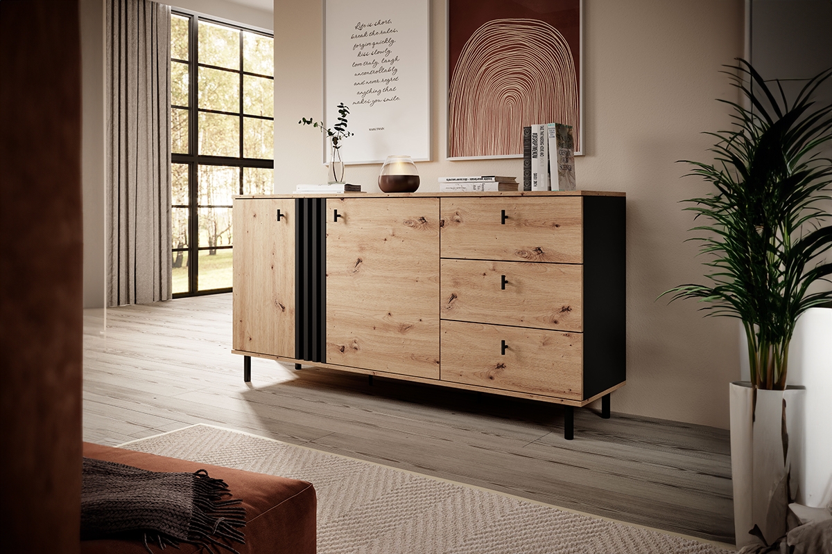 Komoda Medin 165 cm se zásuvkami - dub artisan / antracitová dvoudveřová Komoda Medin s zásuvkami 165 cm - Dub artisan / Antracytová 