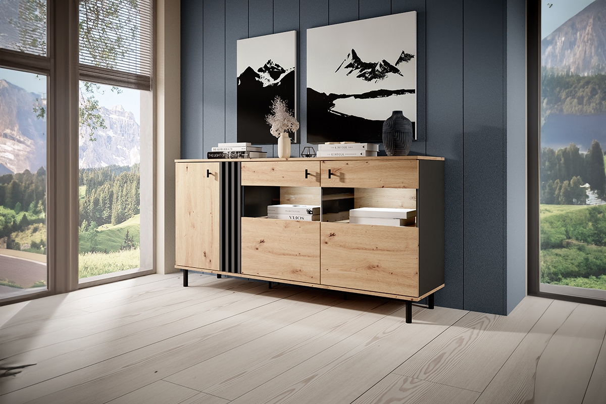 Komoda Medin 165 cm - dub artisan / antracitová třídveřová Komoda Medin 165 cm - Dub artisan / Antracytová 