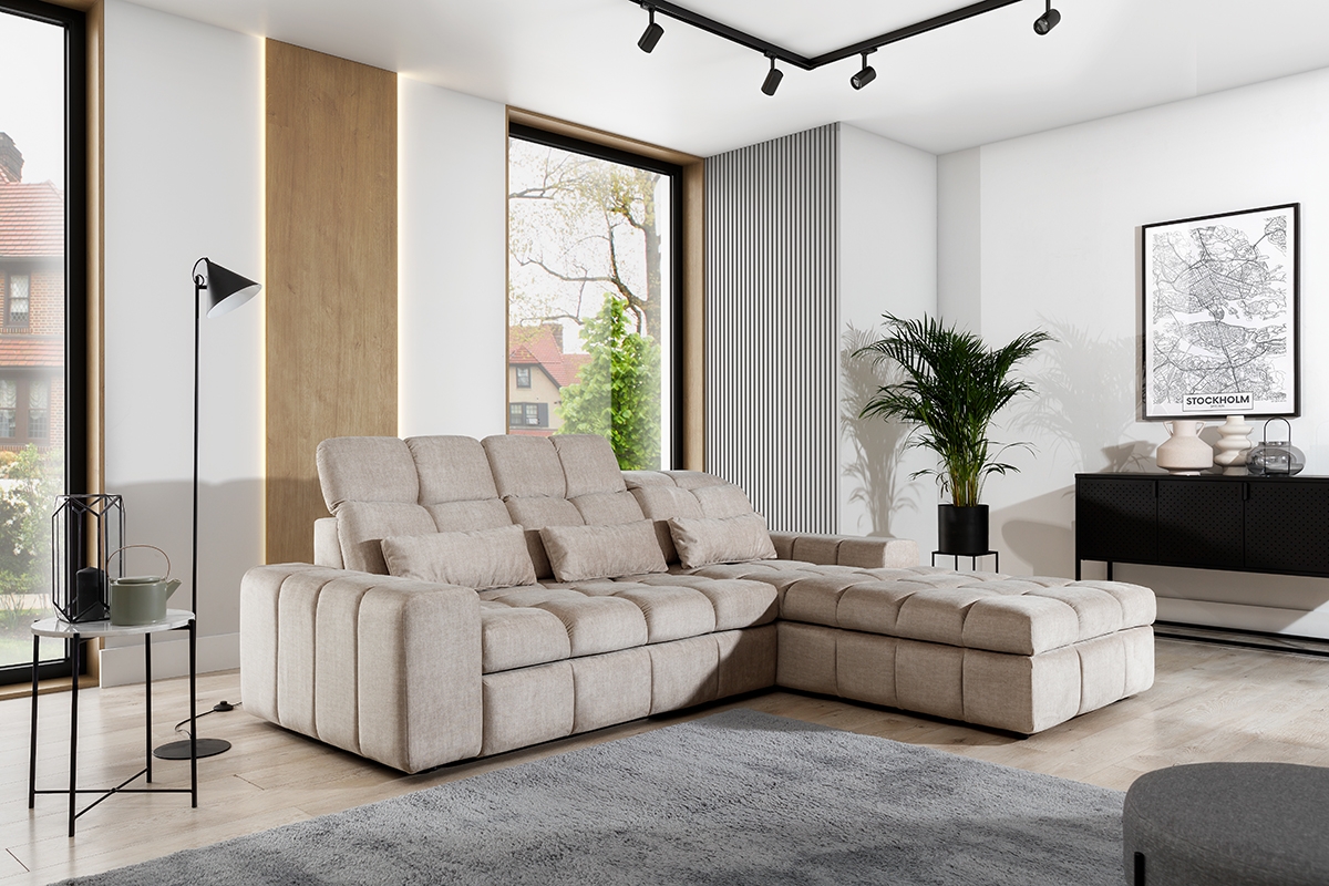 Elektrický rozkládací rohový gauč Magnelio Mini pravý - béžový samet Vogue 2 Rohová sedací souprava Magnelio Mini 