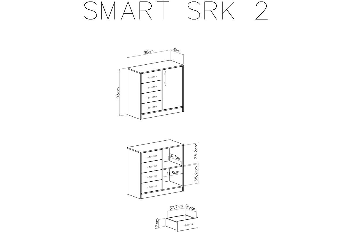 Komoda Smart SRK2 so 4 zásuvkami - 90 cm - biely lux / dub sonooma Mala Komoda jednodverová so štyrmi zásuvkami Smart SRK2 - Biely lux / Dub sonoma - schemat