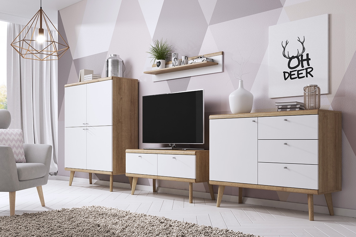 TV stolek Promi 107 cm - bílý mat / dub riviera Malá komoda TV Promi 107 - bílý mat / dub riviera