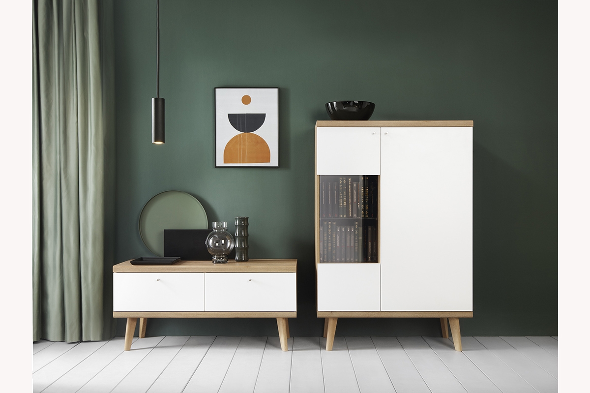 TV stolek Promi 107 cm - bílý mat / dub riviera Nábytek bílý na dřevěných nohách