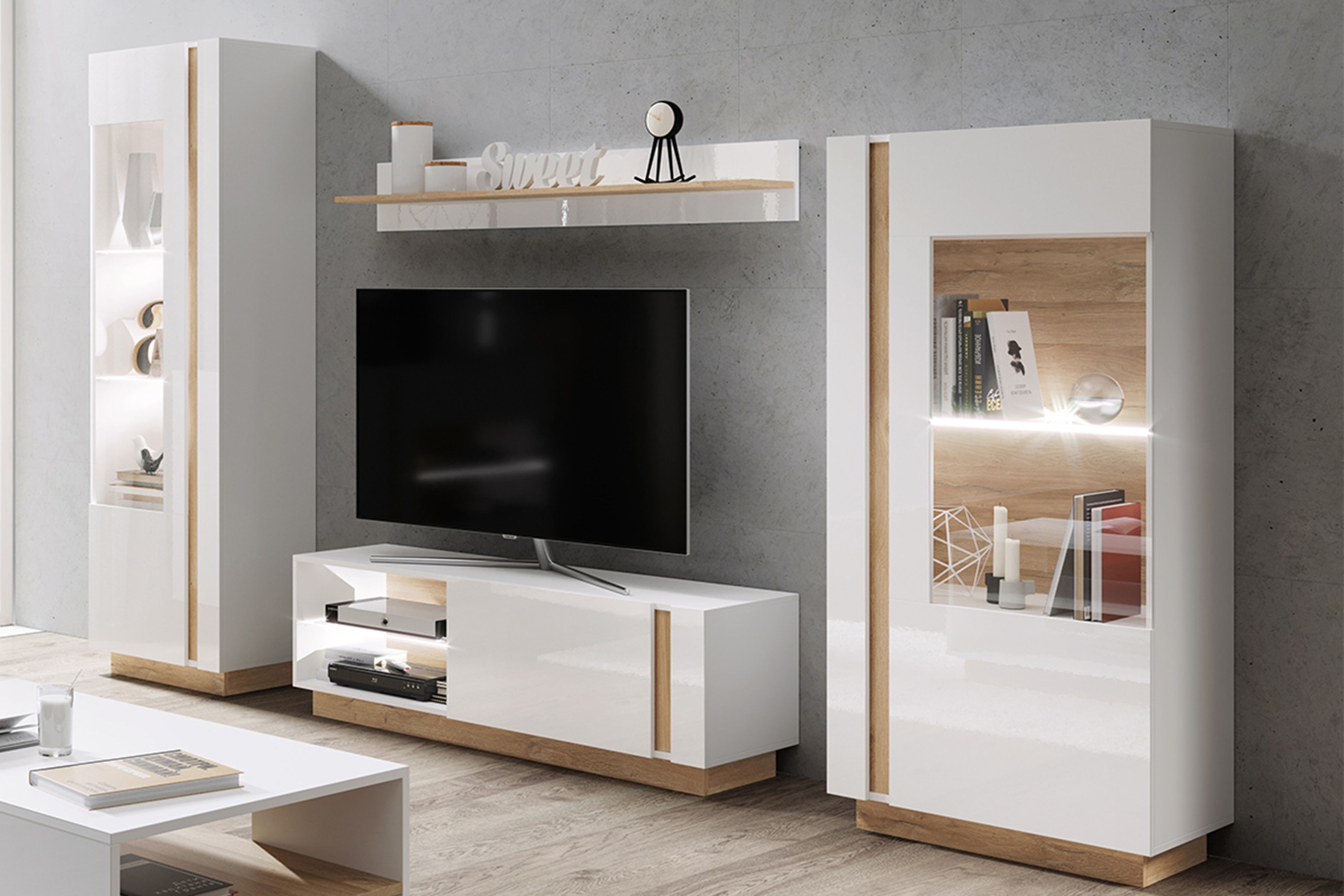 Obývací stěna Arcano - bílá / dub grandson Obývací stěna Arcano do obývacího pokoje - bílá/dub grandson