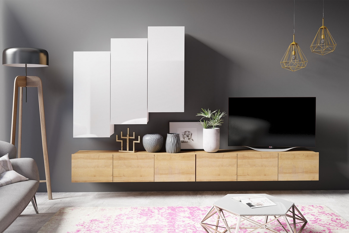Obývacia stena Celeste XV - biely / Dub zlaté Obývacia stena Celeste XV - Biely / Dub zlaté