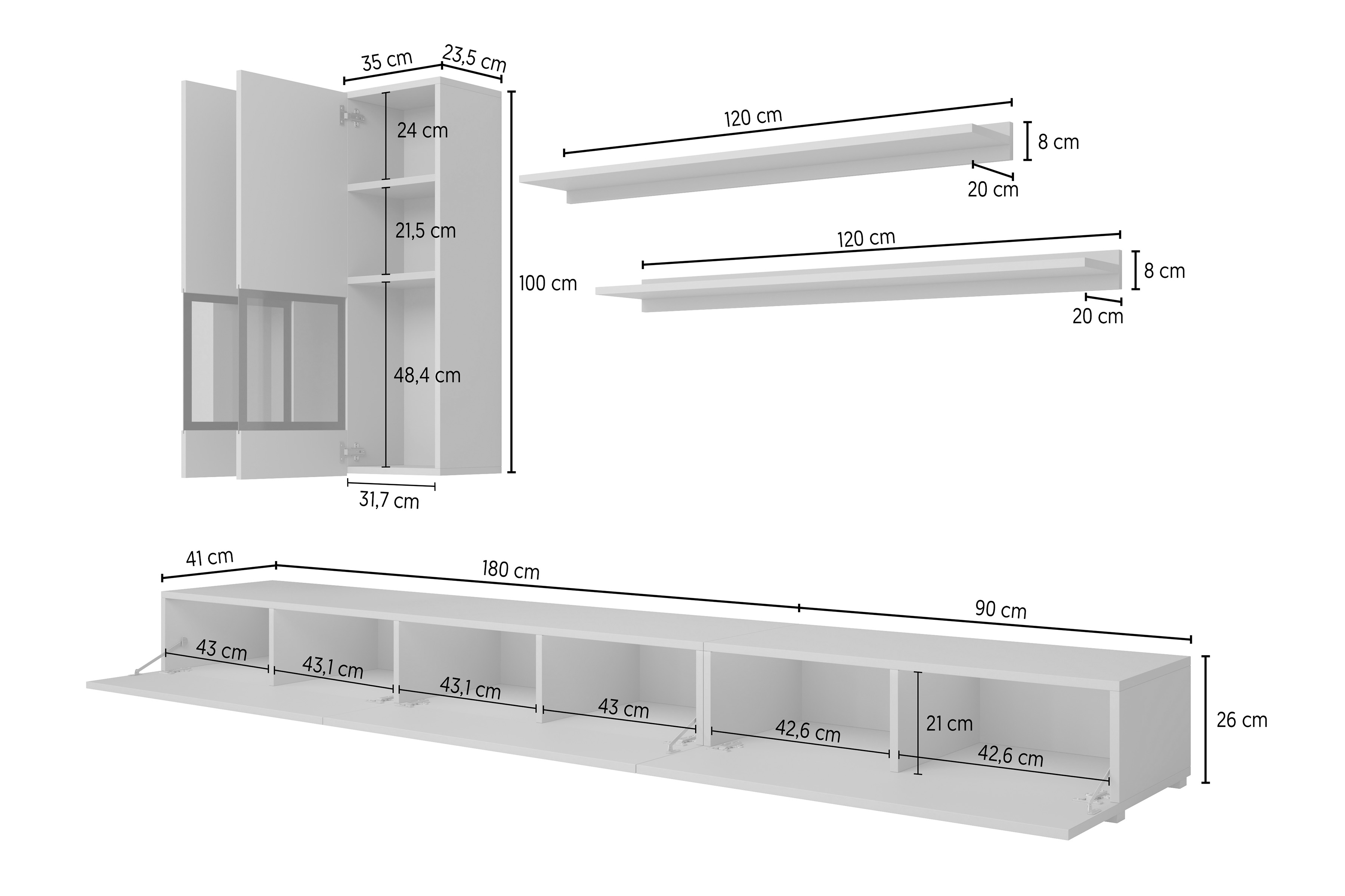 Obývací stěna pro obývacího pokoje Baros 270 cm - bílý lesk Obývací stěna pro obývacího pokoje Baros 10 - bílý lesk