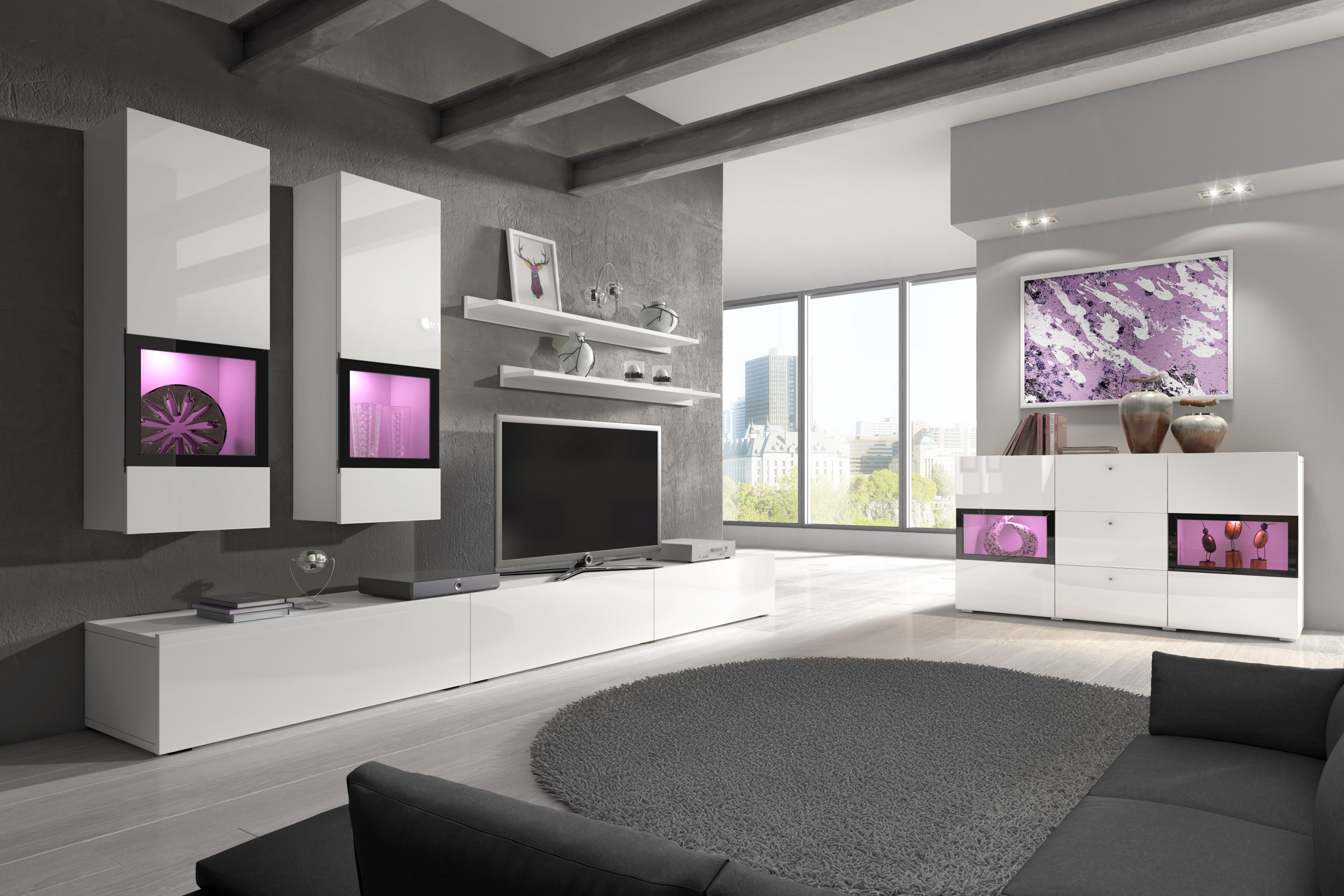 Obývací stěna pro obývacího pokoje Baros 270 cm - bílý lesk Obývací stěna pro obývacího pokoje Baros 10 - bílý lesk