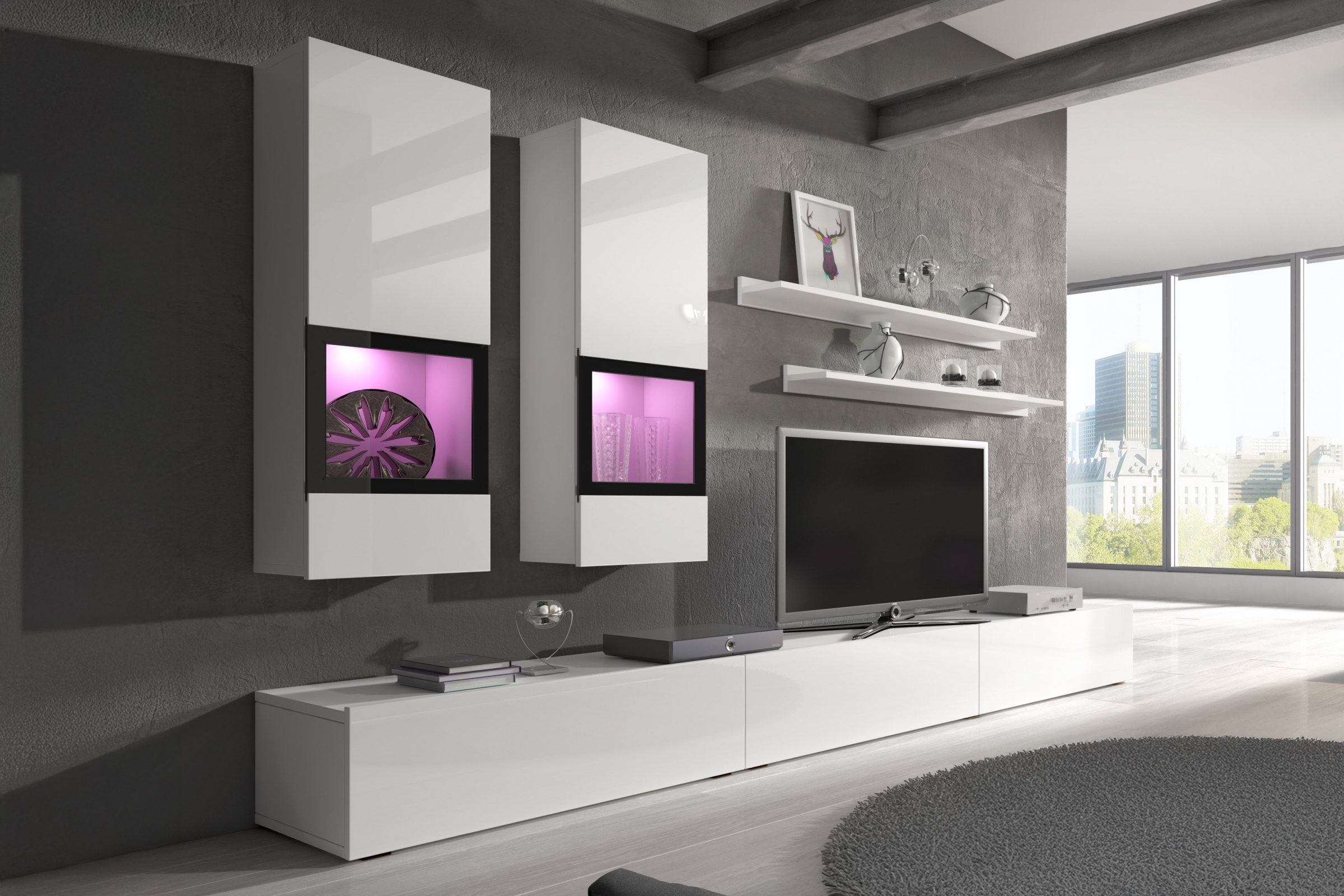 Obývací stěna pro obývacího pokoje Baros 270 cm - bílý lesk Obývací stěna pro obývacího pokoje Baros 10 - bílý lesk