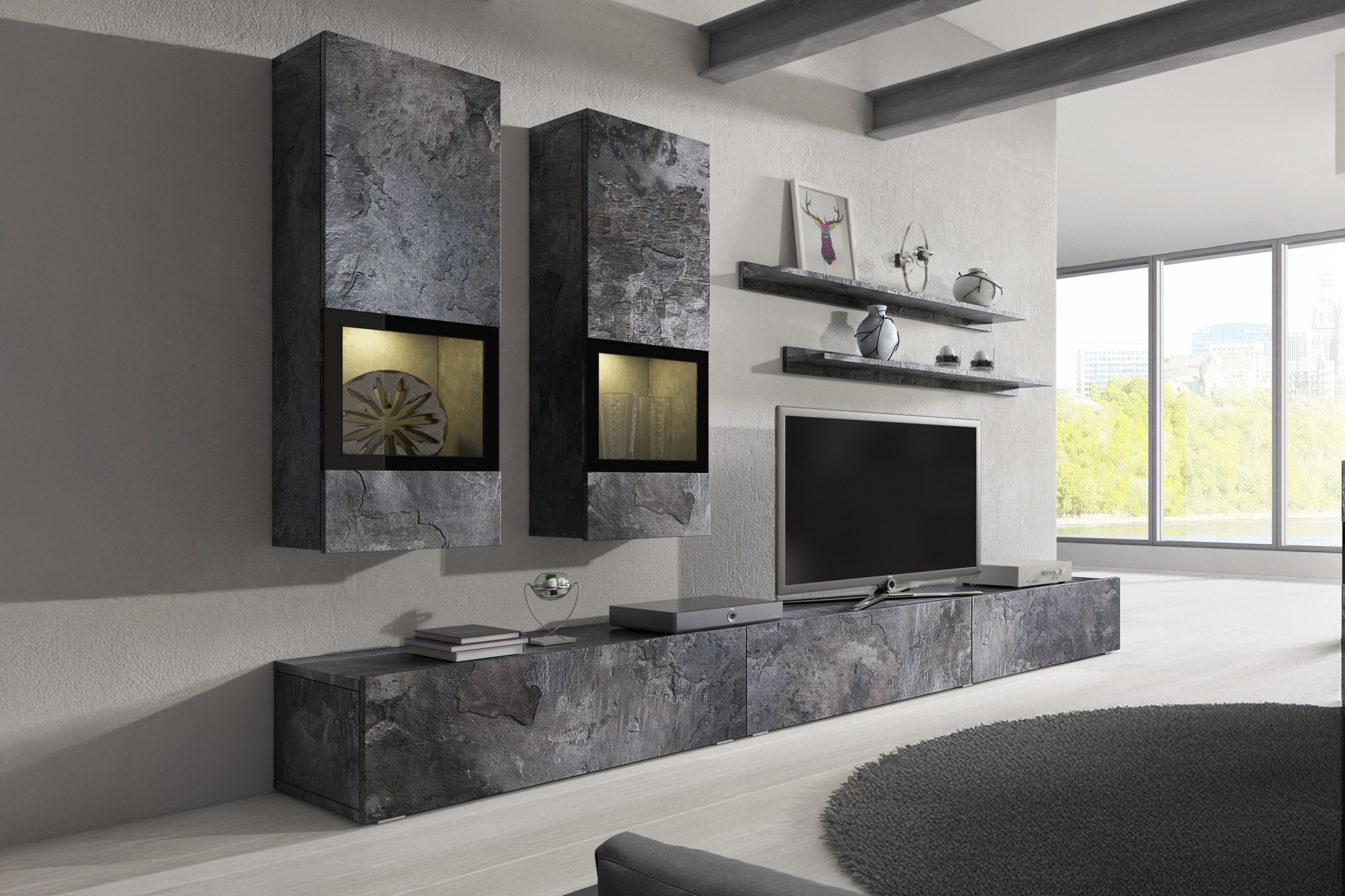 Obývacia stena do obývacej izby Baros 10 - tmavý beton / schiefer Obývacia stena do obývacej izby Baros 10 - tmavý beton / schiefer