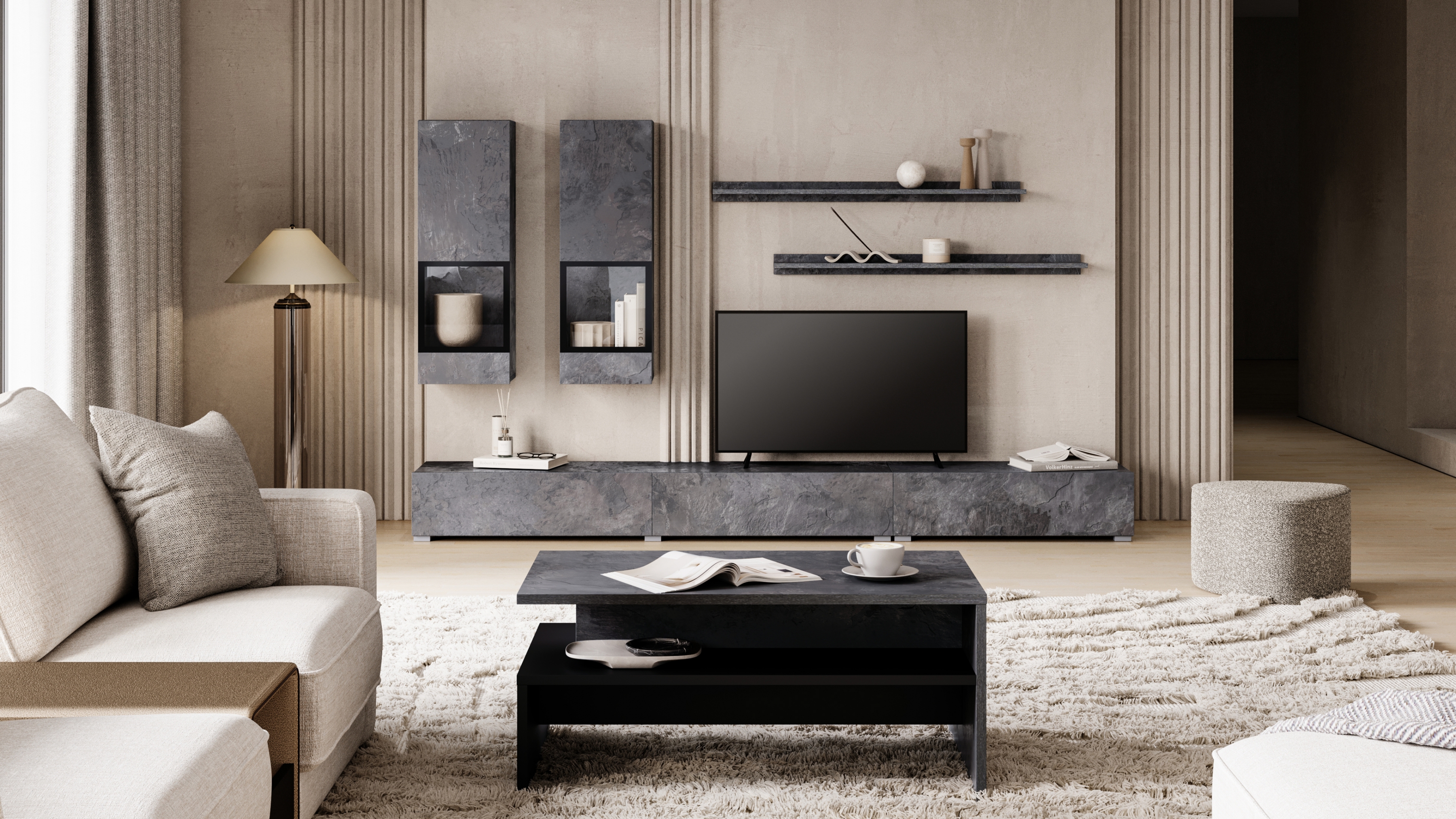 Obývacia stena do obývacej izby Baros 10 - tmavý beton / schiefer Obývacia stena do obývacej izby Baros 10 - tmavý beton / schiefer