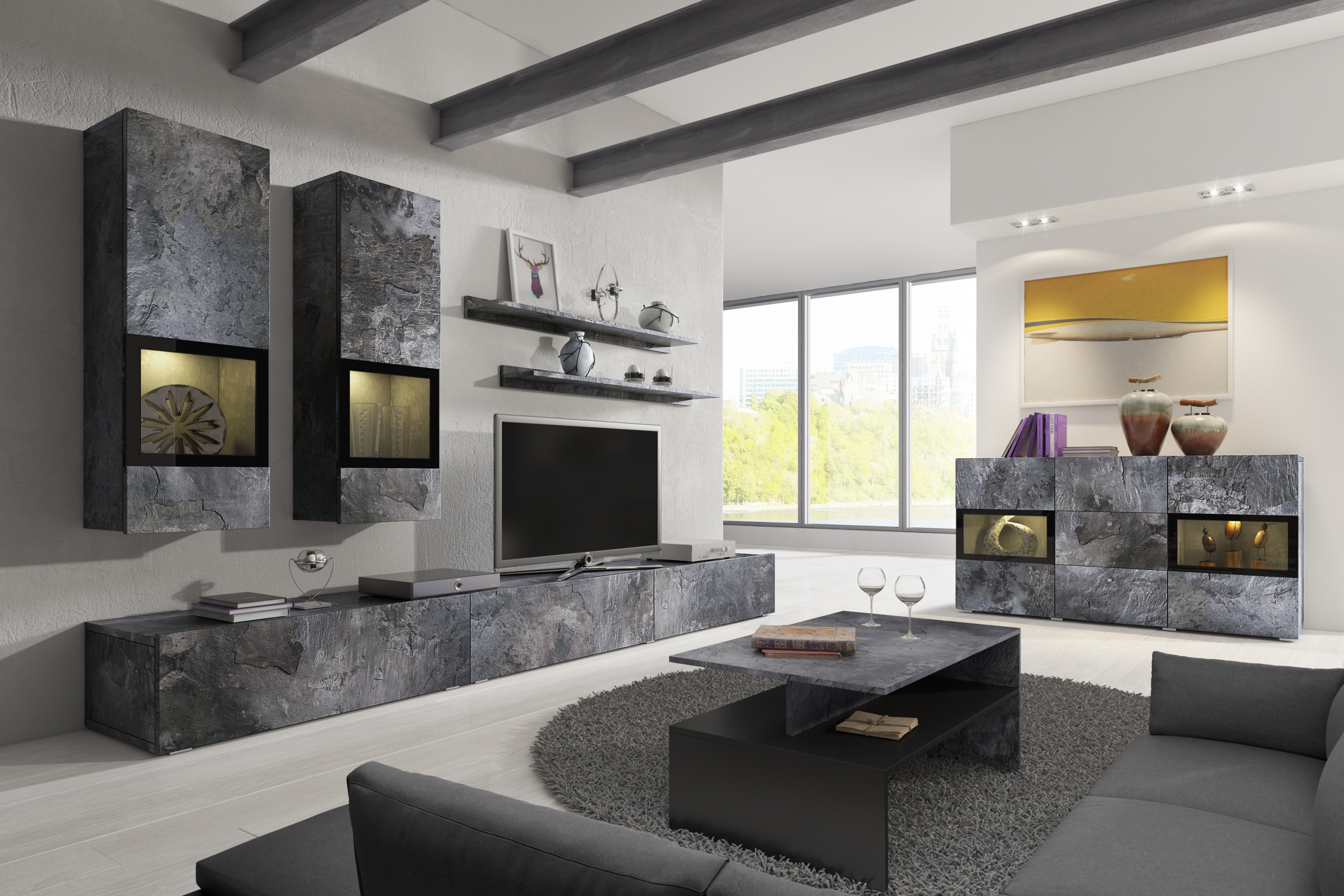 Obývacia stena do obývacej izby Baros 10 - tmavý beton / schiefer Obývacia stena do obývacej izby Baros 10 - tmavý beton / schiefer