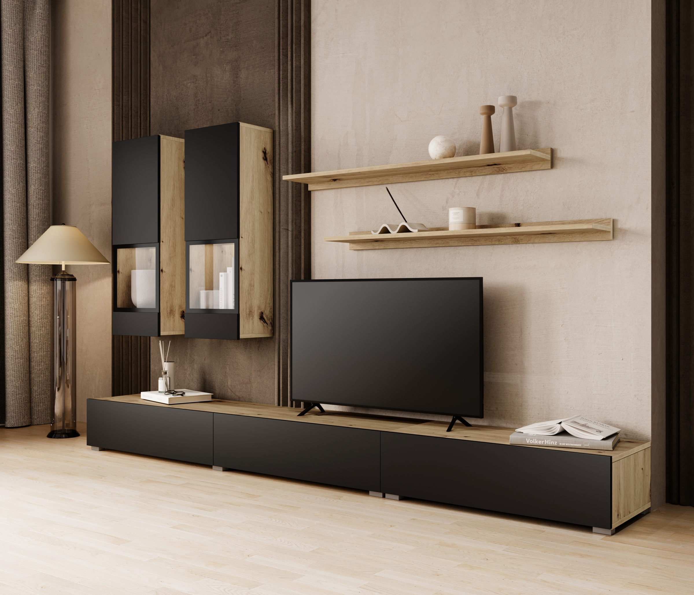Obývací stěna Baros 270 cm - dub artisan / černý mat Obývací stěna pro obývacího pokoje Baros 10 - dub artisan / černá mat