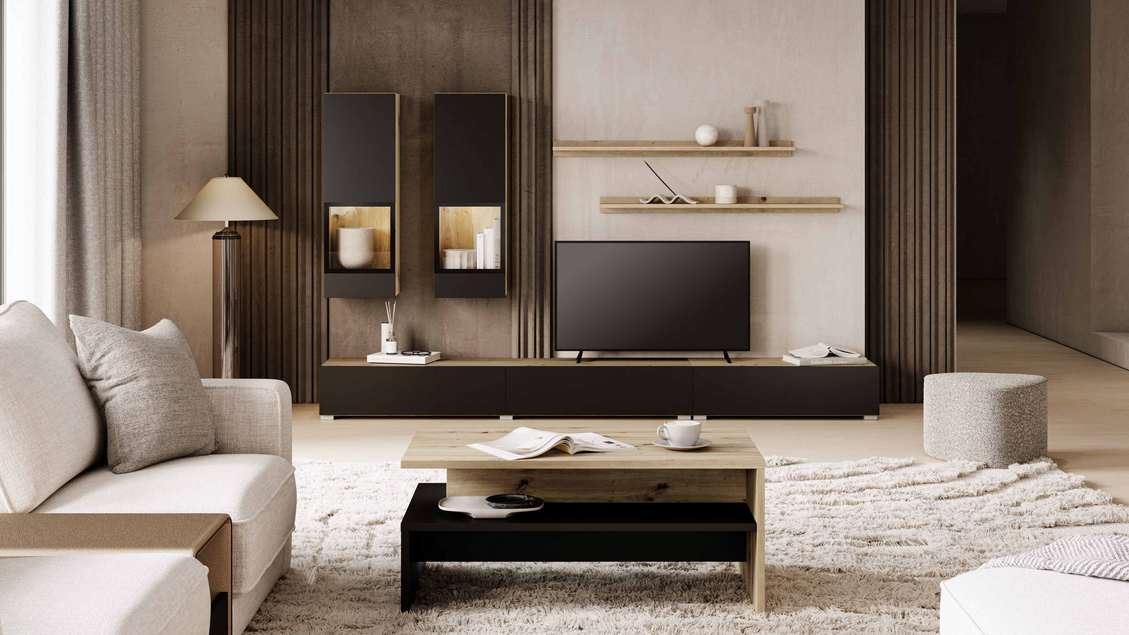 Obývací stěna Baros 270 cm - dub artisan / černý mat Obývací stěna pro obývacího pokoje Baros 10 - dub artisan / černá mat