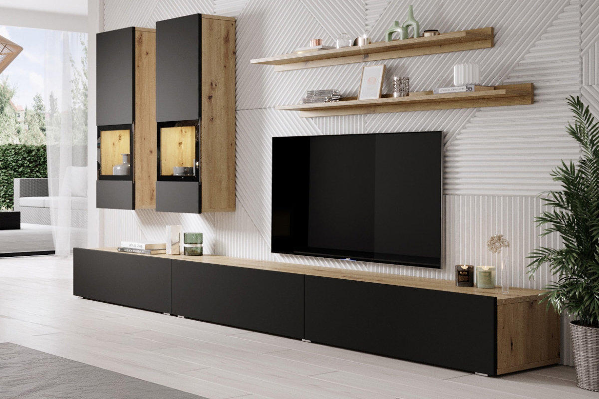 Obývací stěna Baros 270 cm - dub artisan / černý mat Obývací stěna pro obývacího pokoje Baros 10 - dub artisan / černá mat