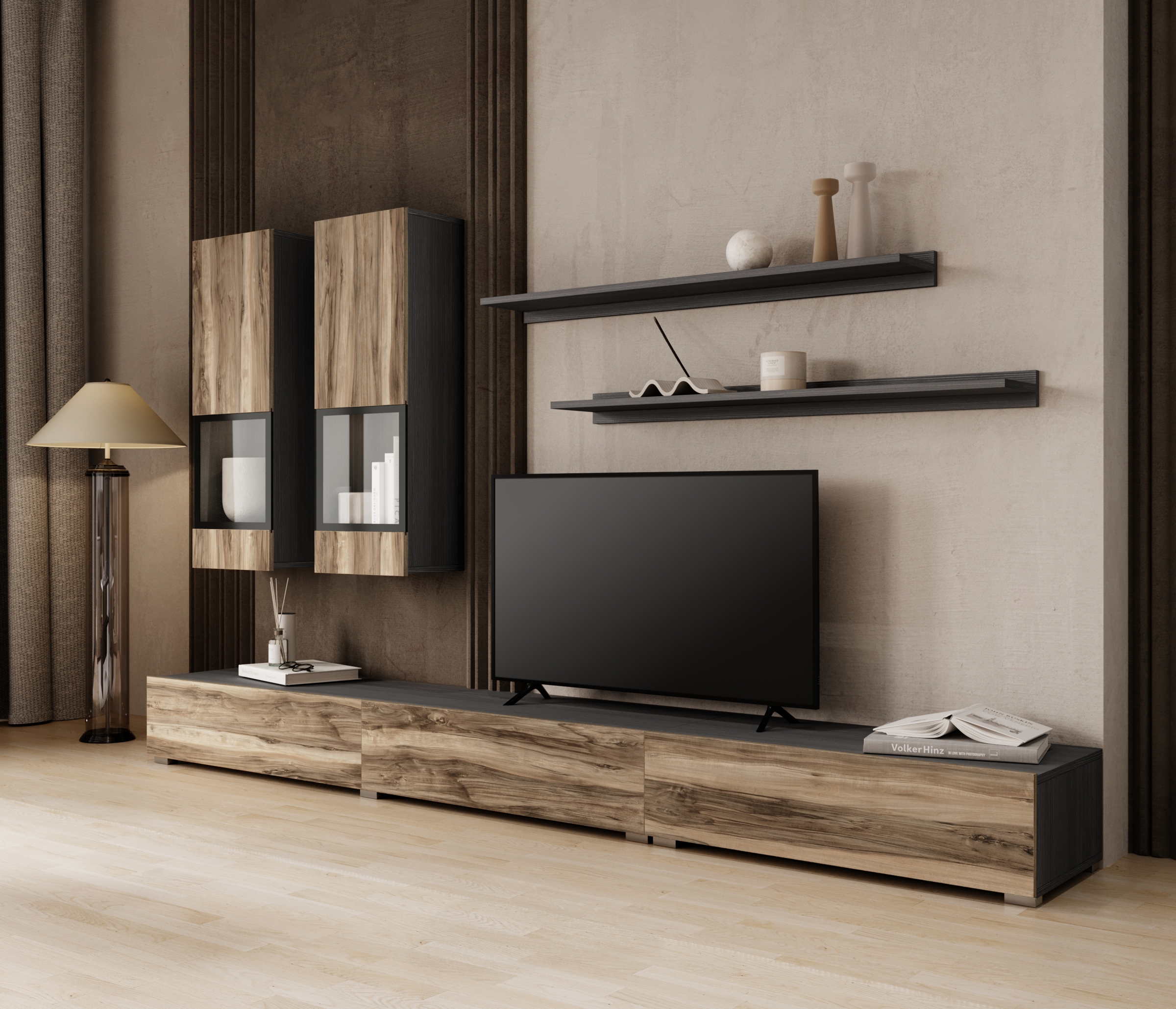 Obývací stěna Baros 270 cm - touchwood / ořech satin Obývací stěna pro obývacího pokoje Baros 10 - touchwood / ořech sattin